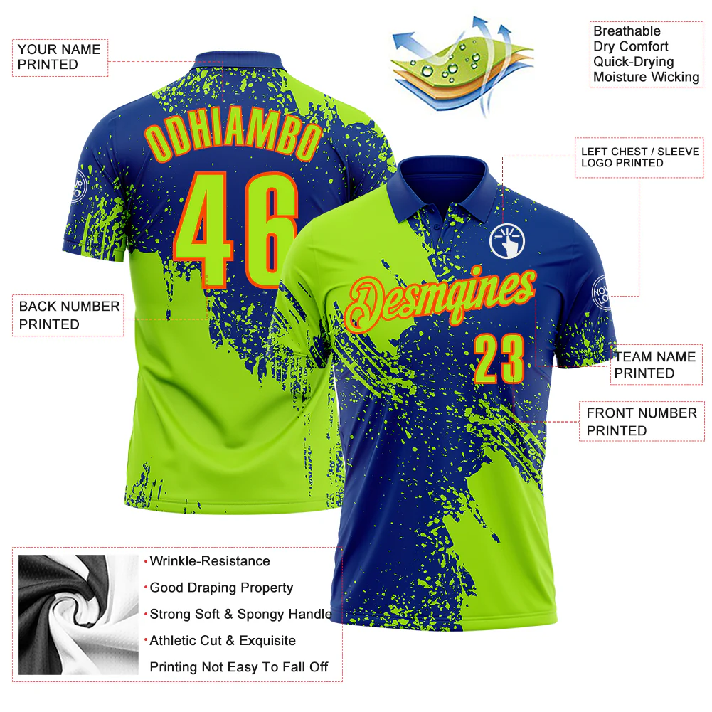 Custom Neon Green Royal-Orange 3D Pattern Design Abstract Brush Stroke Performance Polo Shirt - Image 3