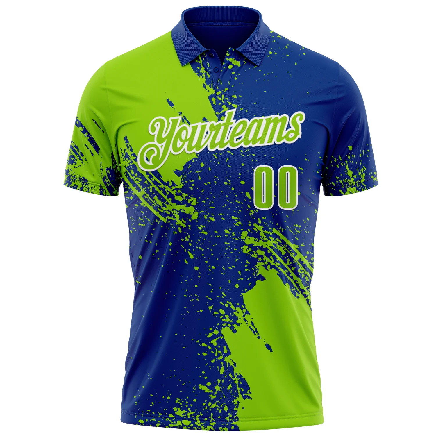 Custom Neon Green Royal-White 3D Pattern Design Abstract Brush Stroke Performance Polo Shirt - Image 2