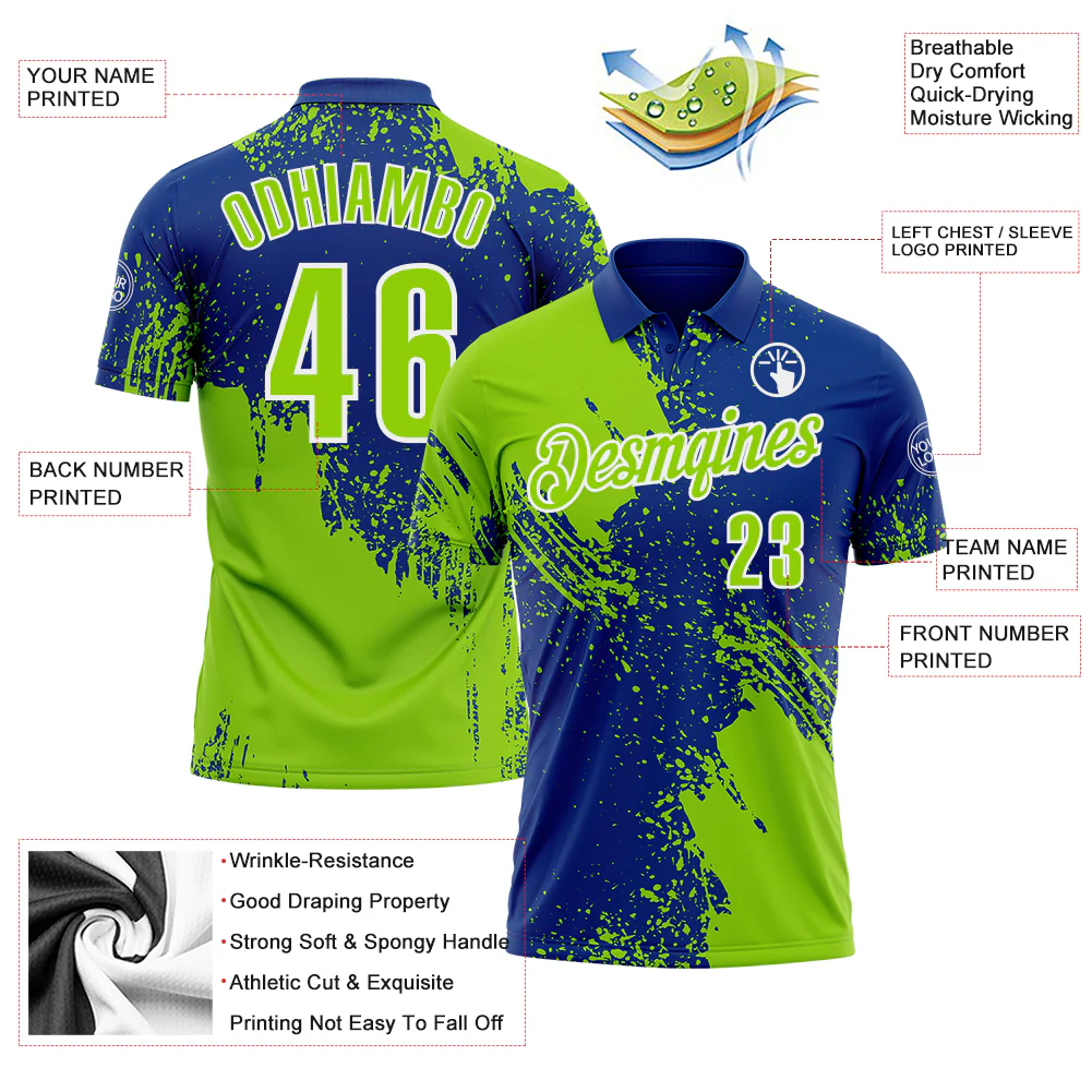 Custom Neon Green Royal-White 3D Pattern Design Abstract Brush Stroke Performance Polo Shirt - Image 3