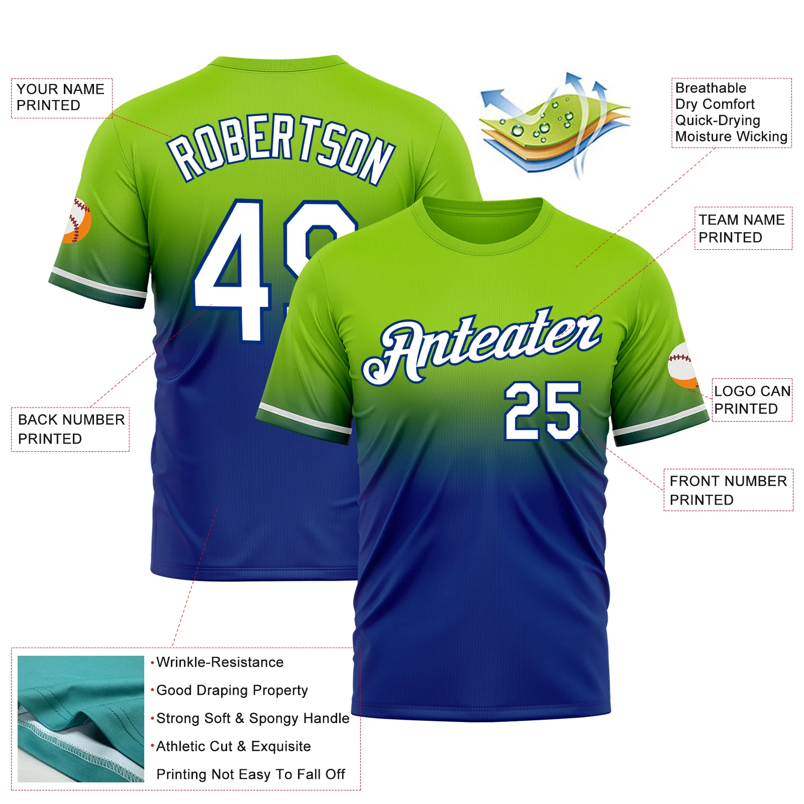 Custom Neon Green White-Royal Fade Fashion Performance T-Shirt - Image 3