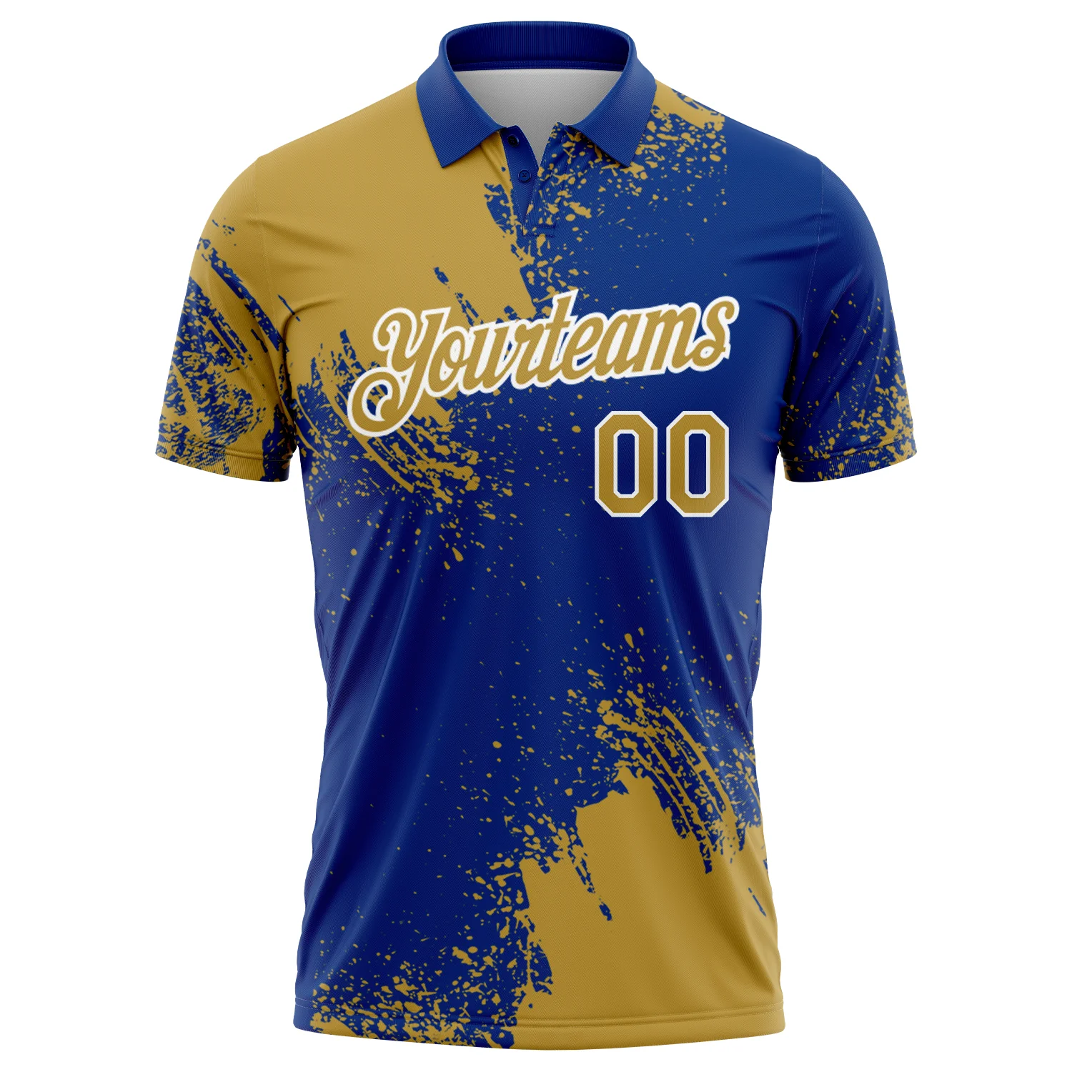 Custom Old Gold Royal-White 3D Pattern Design Abstract Brush Stroke Performance Polo Shirt - Image 2
