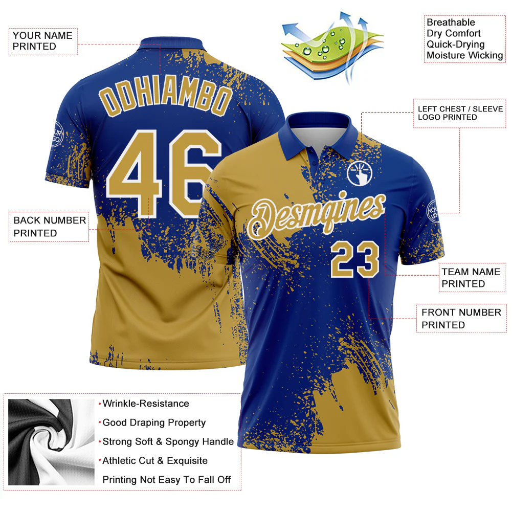 Custom Old Gold Royal-White 3D Pattern Design Abstract Brush Stroke Performance Polo Shirt - Image 3