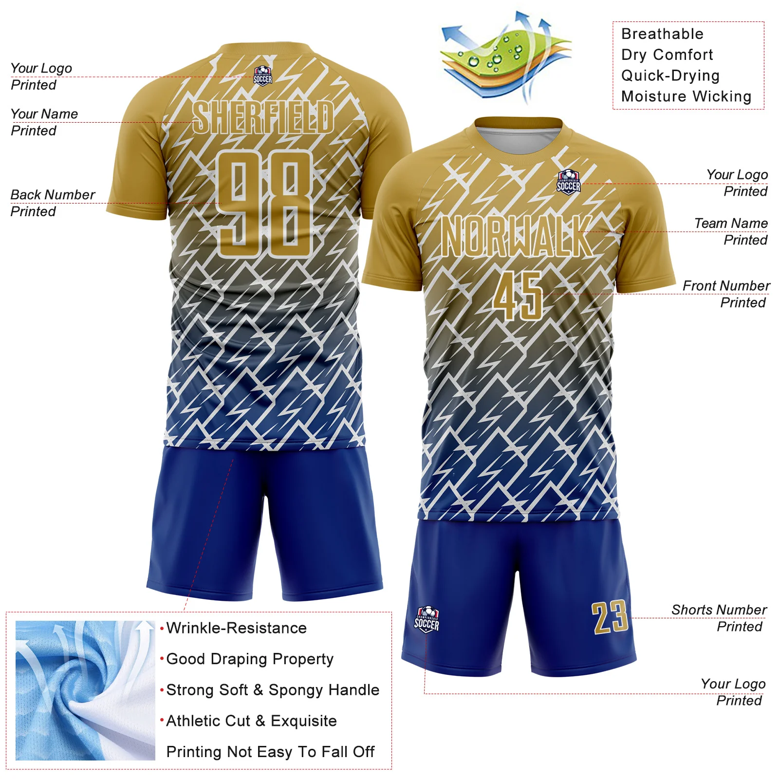 Custom Old Gold Royal-White Lightning Sports Sublimation Soccer Uniform Jersey - Image 4