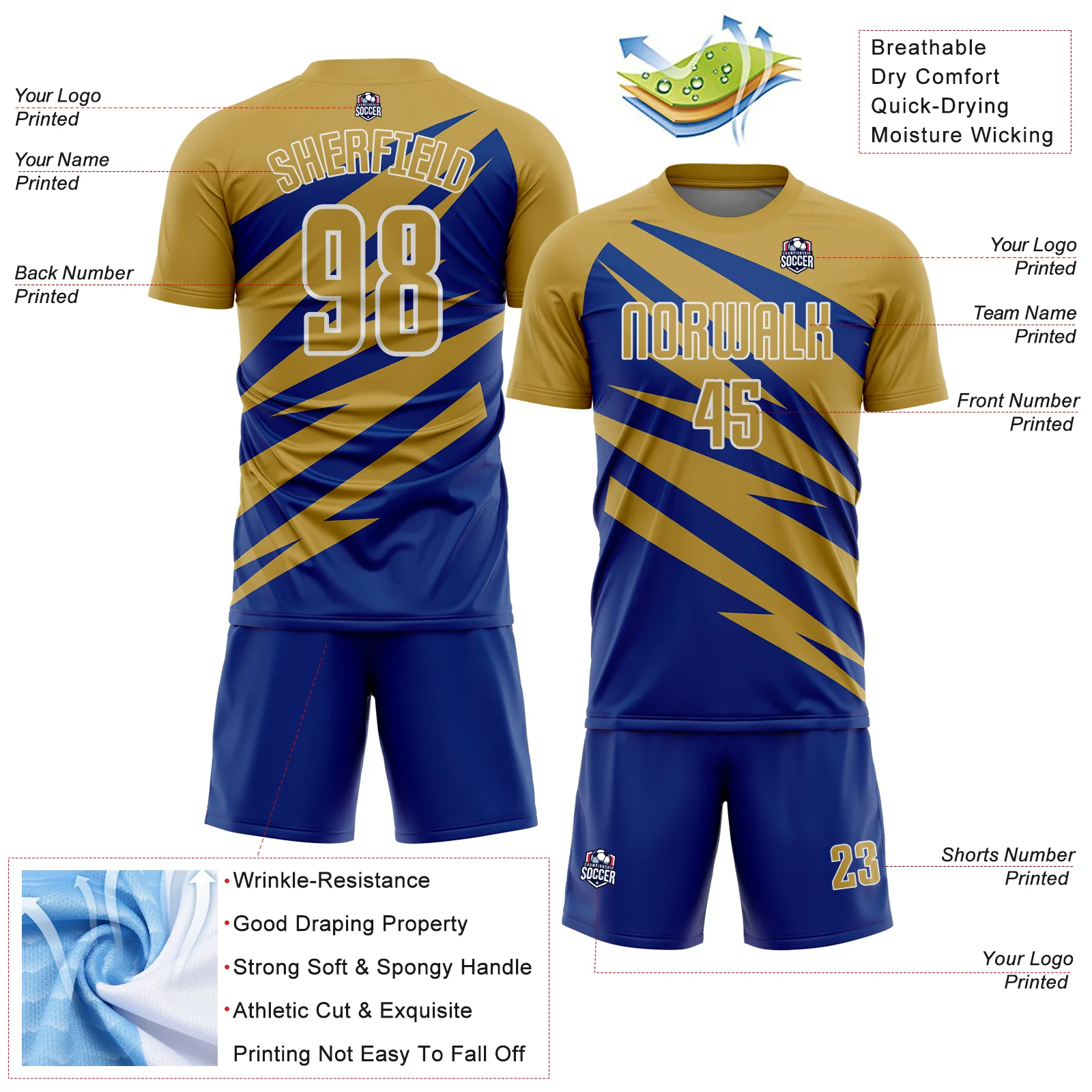 Custom Old Gold Royal-White Abstract Line Sports Sublimation Soccer Uniform Jersey - Image 4