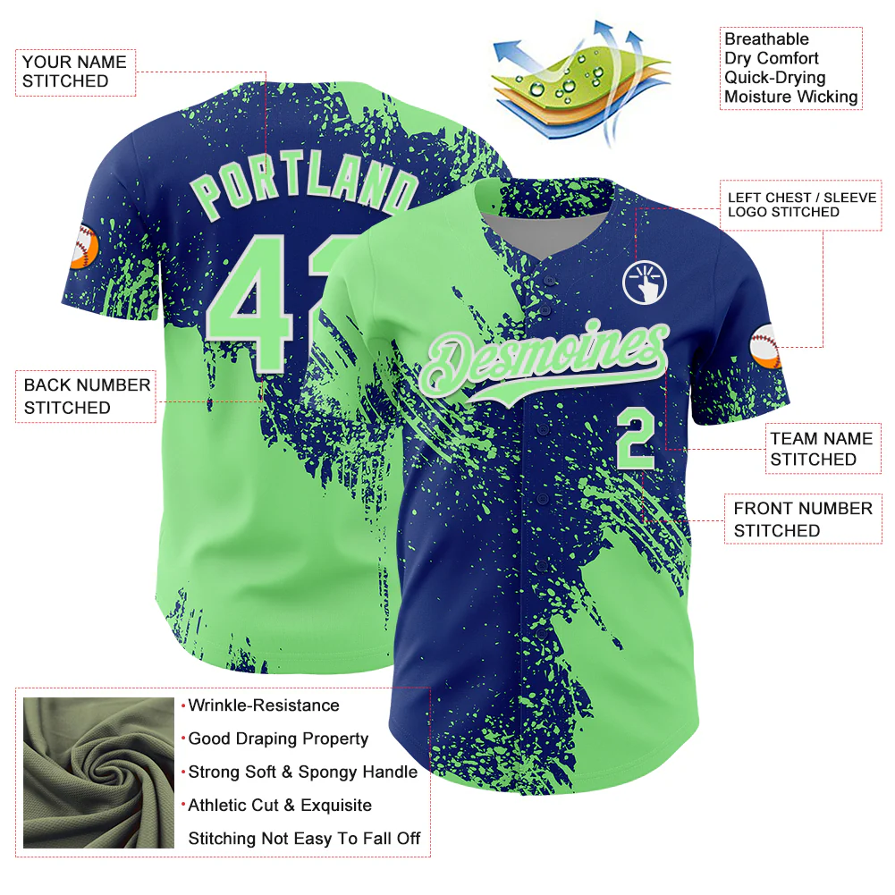 Custom Pea Green Royal-White 3D Pattern Design Abstract Brush Stroke Authentic Baseball Jersey - Image 3