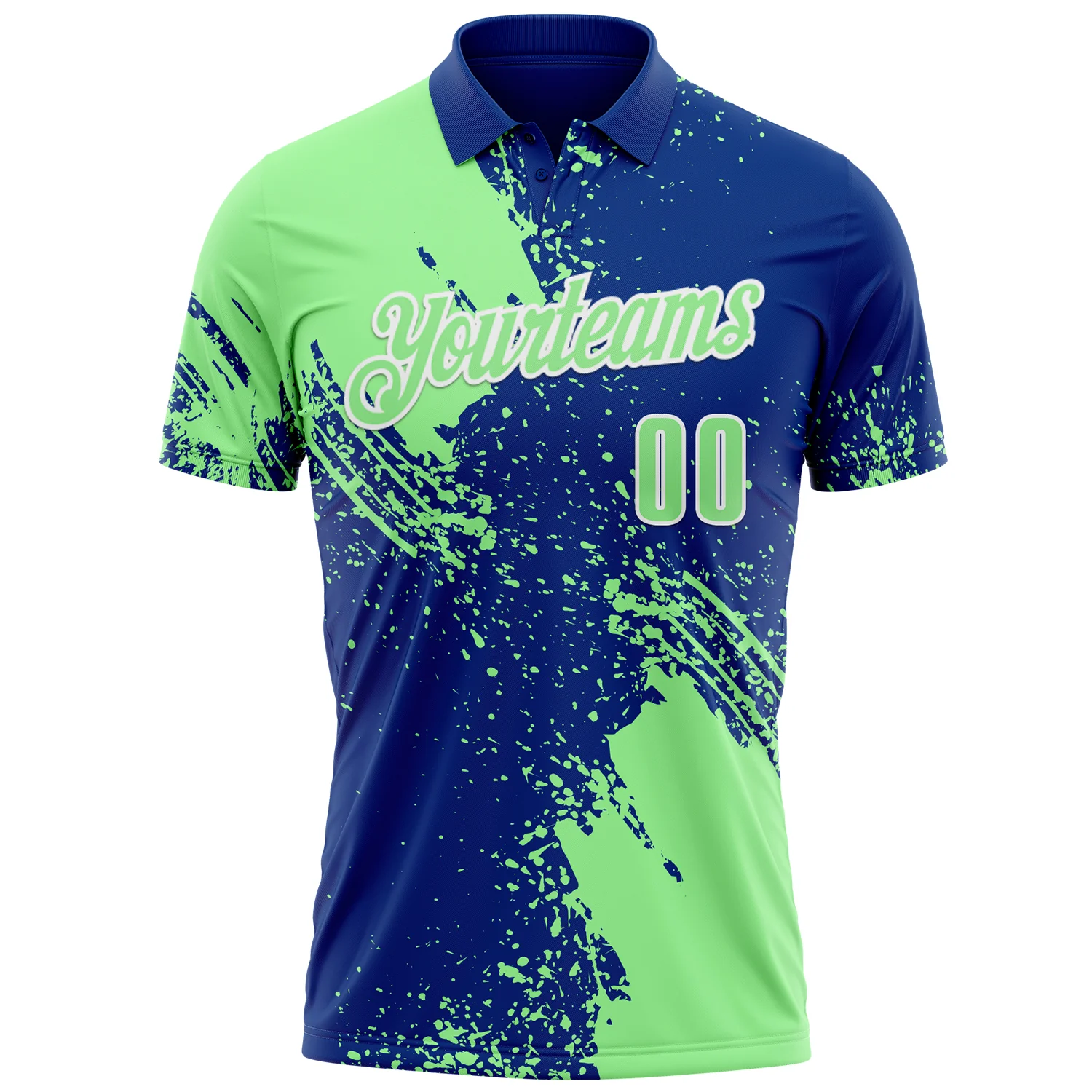 Custom Pea Green Royal-White 3D Pattern Design Abstract Brush Stroke Performance Polo Shirt - Image 2