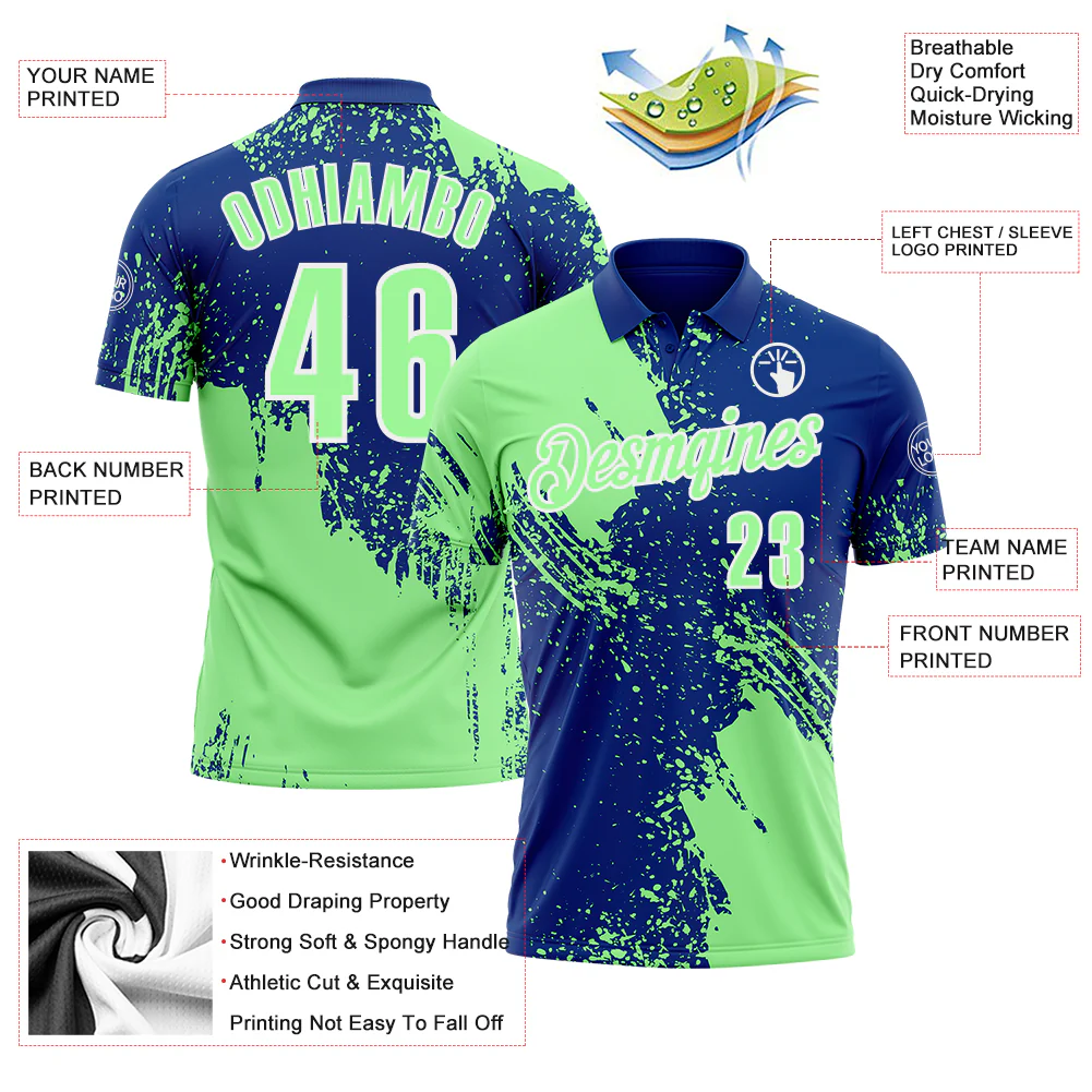 Custom Pea Green Royal-White 3D Pattern Design Abstract Brush Stroke Performance Polo Shirt - Image 3