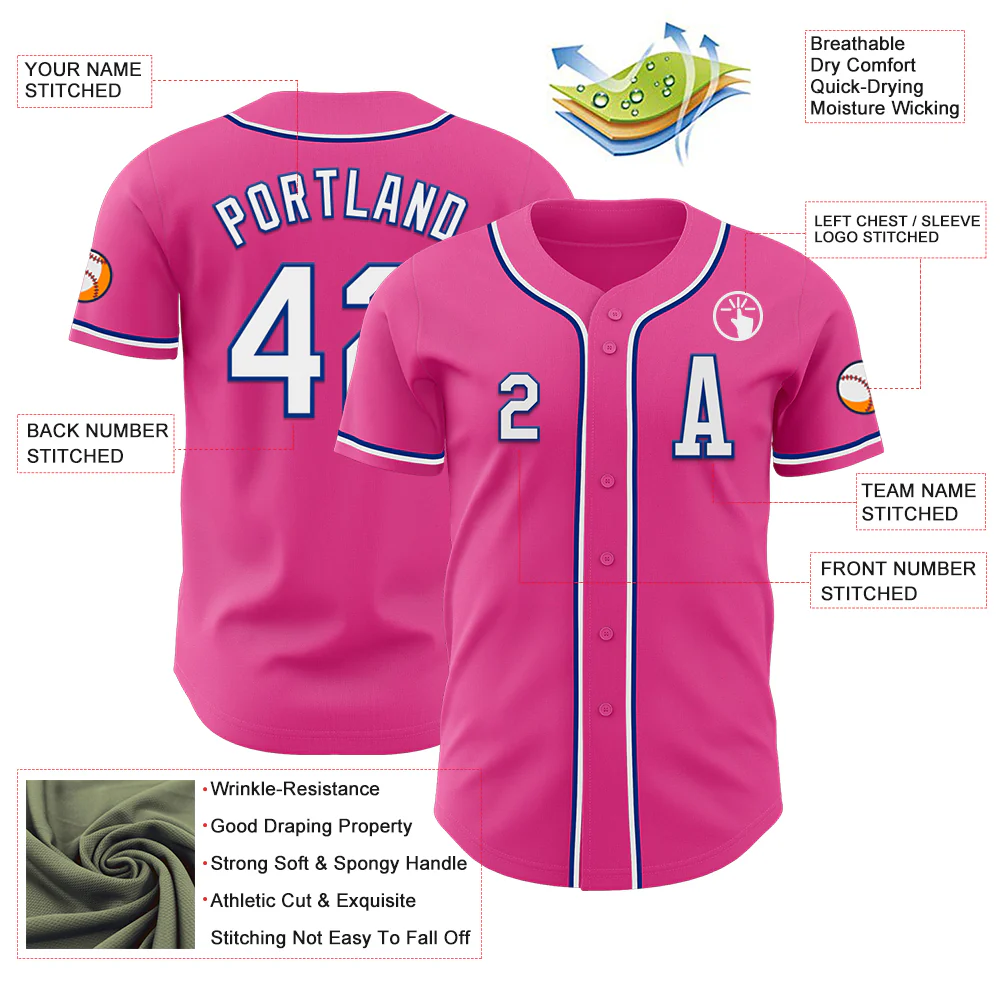 Custom Pink White-Royal Authentic Baseball Jersey - Image 2