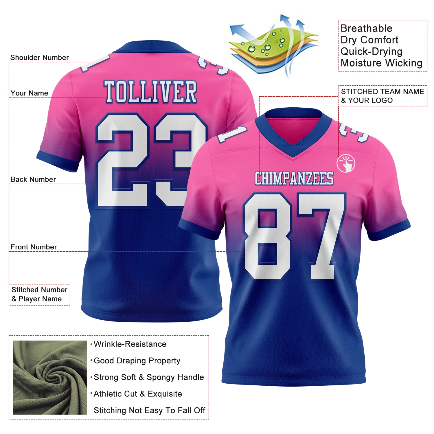Custom Pink White-Royal Authentic Fade Fashion Football Jersey - Image 2