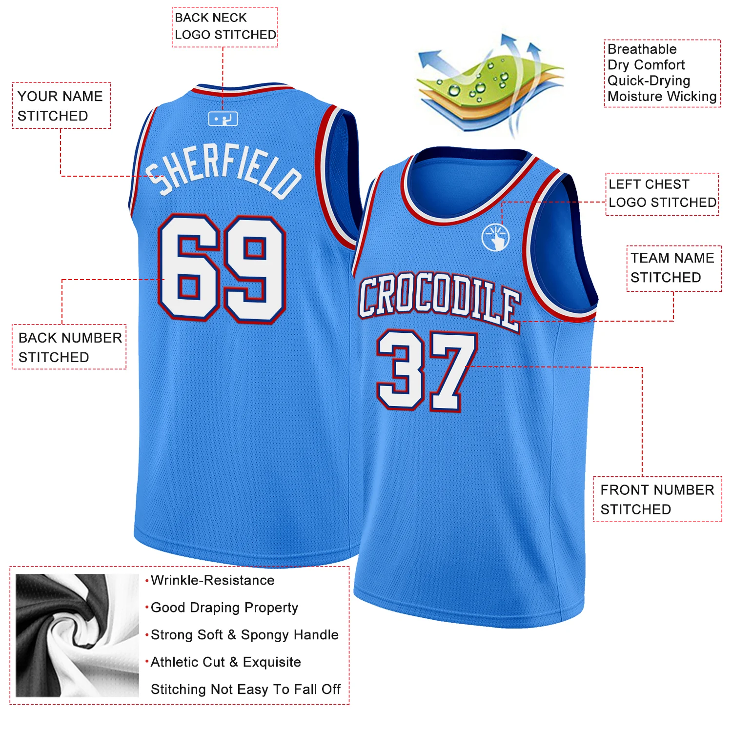 Custom Powder Blue White Royal-Red Authentic Basketball Jersey - Image 2