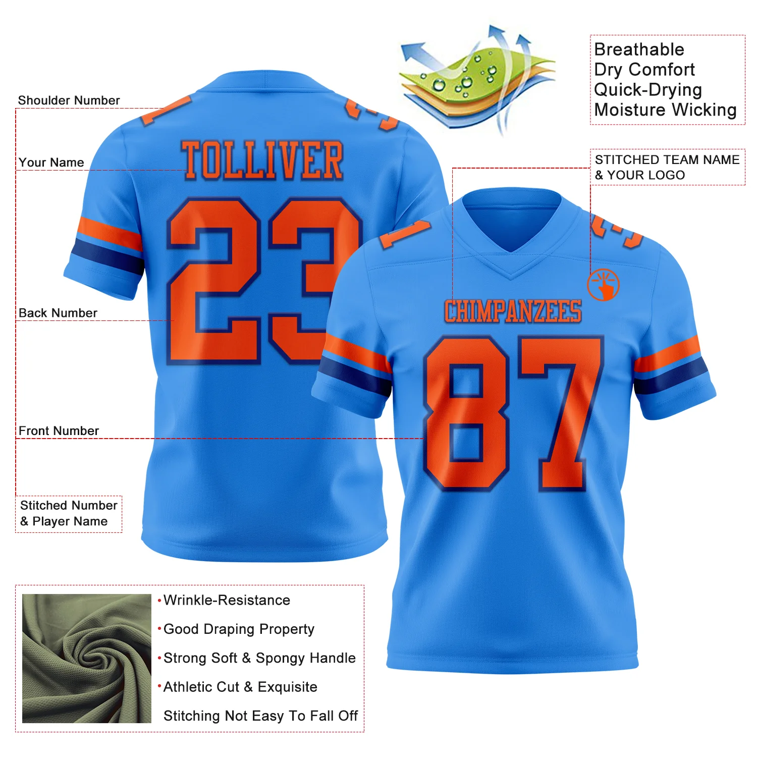 Custom Powder Blue Orange-Royal Authentic Football Jersey - Image 3