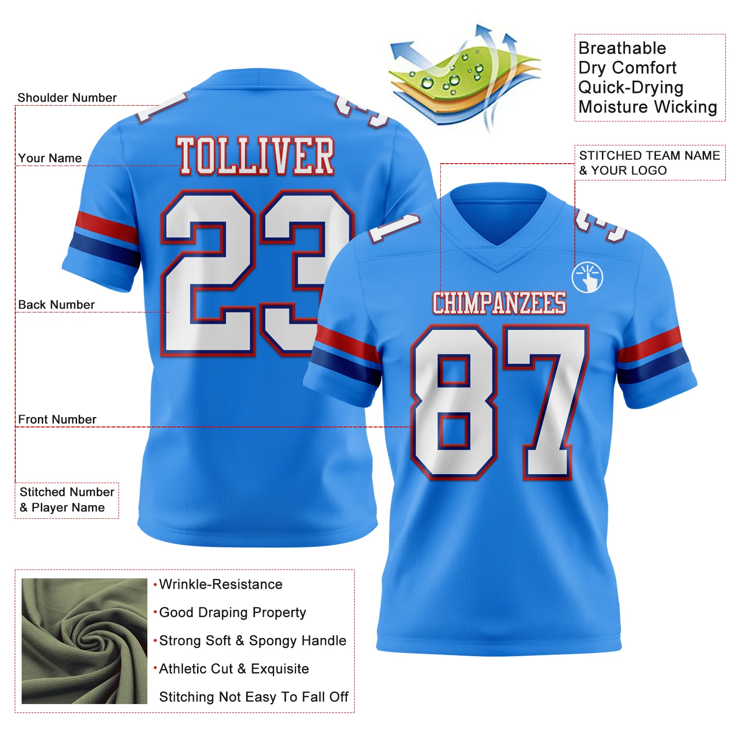 Custom Powder Blue White Royal-Red Authentic Football Jersey - Image 3