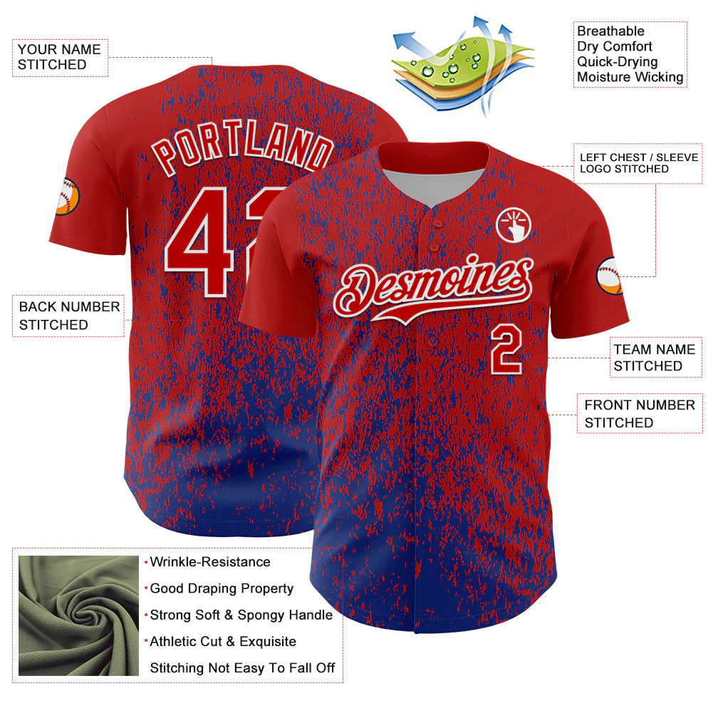 Custom Red Royal-White Abstract Fragment Splatter Authentic Baseball Jersey - Image 3