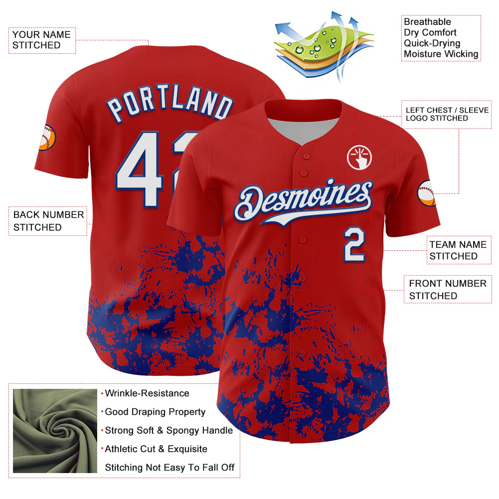 Custom Red White-Royal Splatter Authentic Baseball Jersey - Image 3