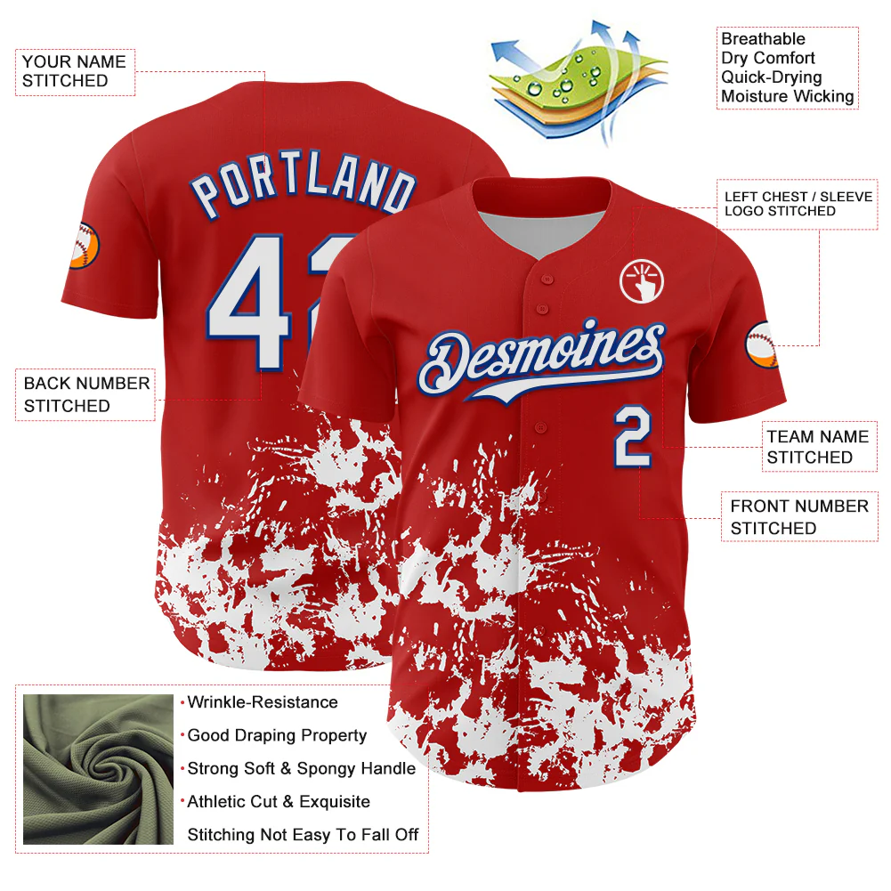 Custom Red White-Royal Splatter Authentic Baseball Jersey - Image 3