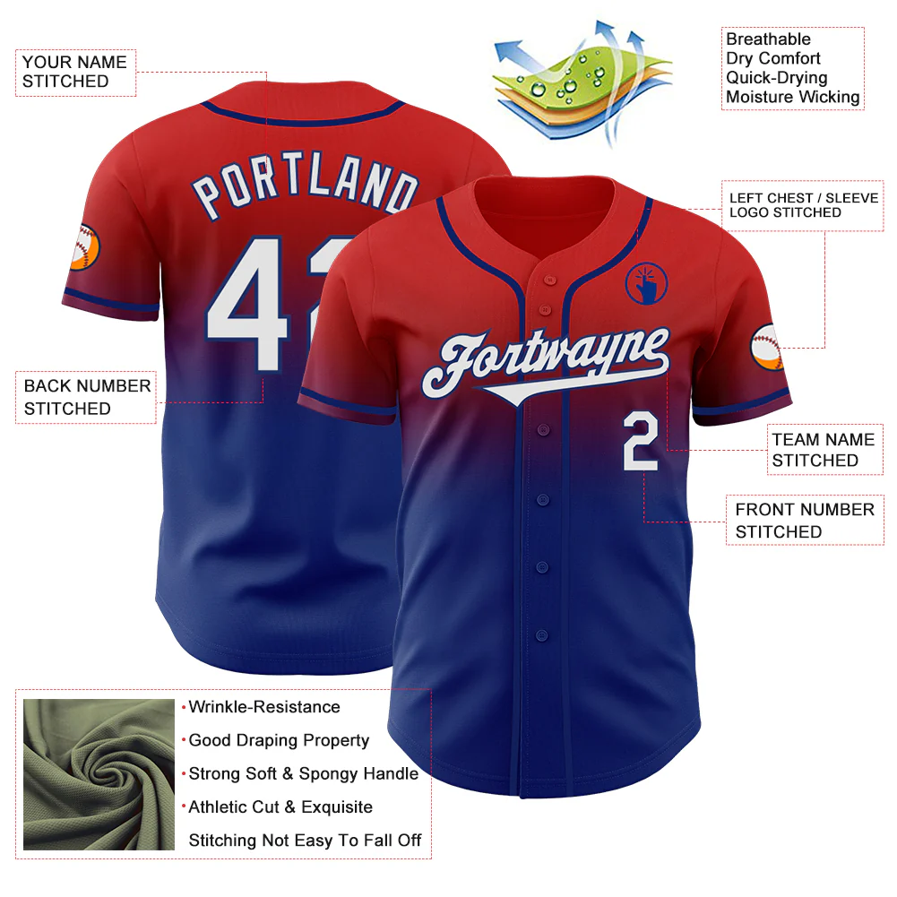 Custom Red White-Royal Authentic Fade Fashion Baseball Jersey - Image 3