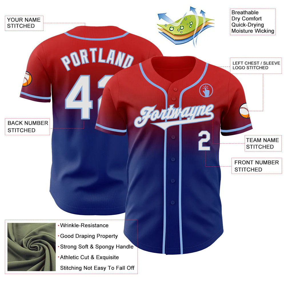 Custom Red White Royal-Light Blue Authentic Fade Fashion Baseball Jersey - Image 3