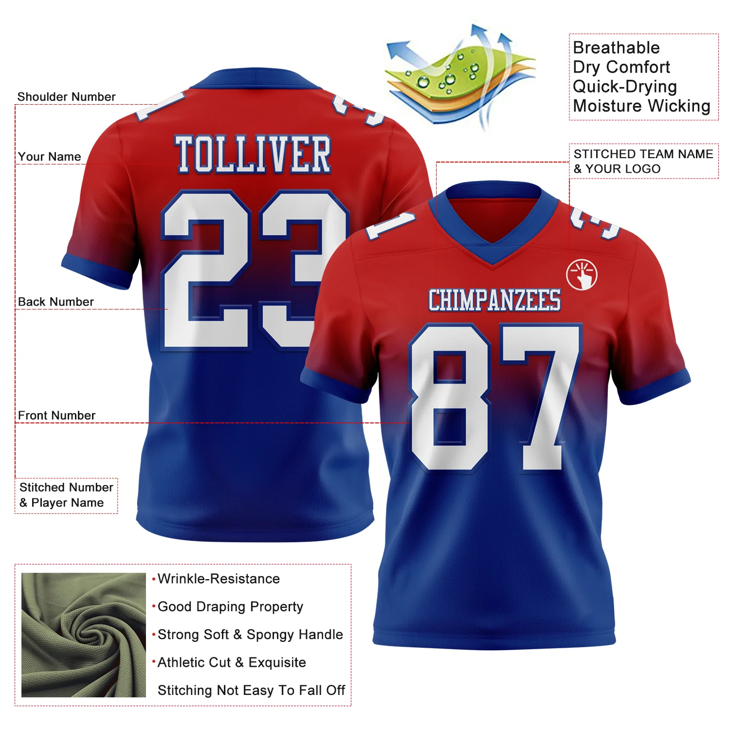 Custom Red White-Royal Authentic Fade Fashion Football Jersey - Image 2