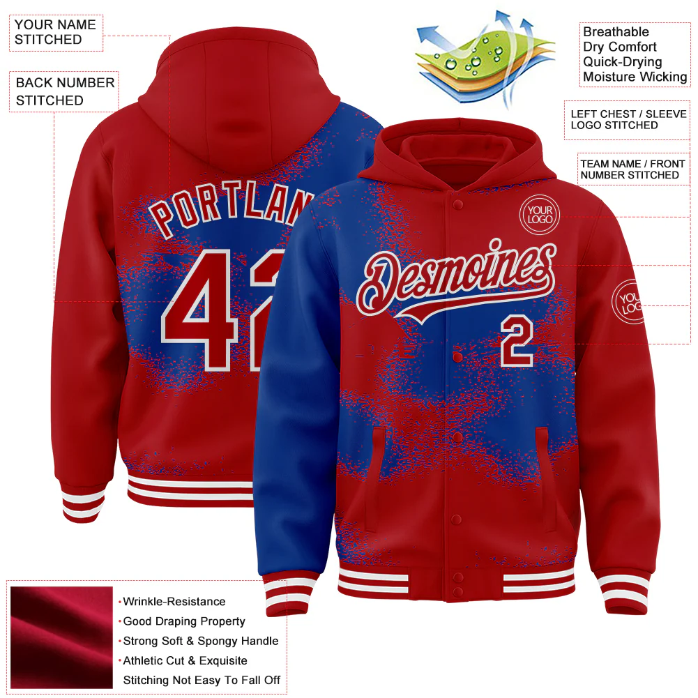 Custom Black Royal-White Abstract Color Blocks Fragment Pattern Bomber Full-Snap Varsity Letterman Hoodie Jacket - Image 4