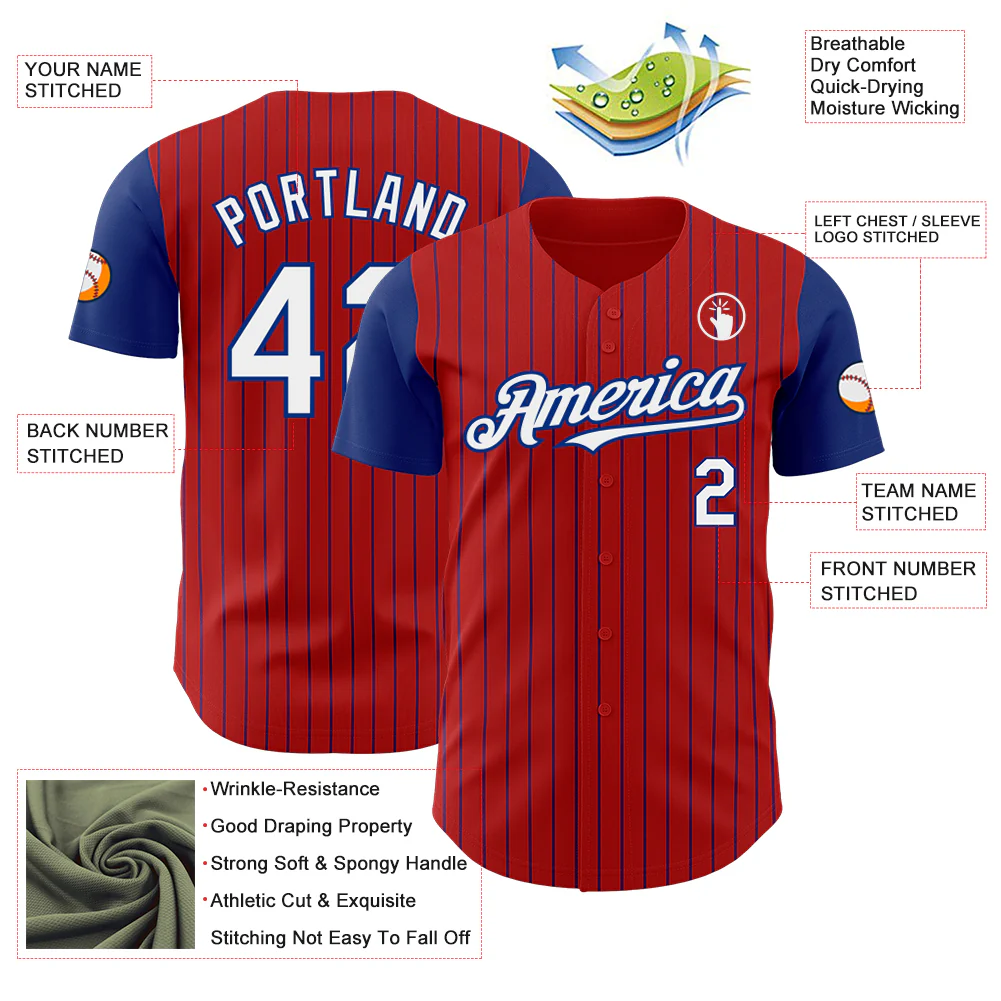Custom Red Royal Pinstripe White Authentic Two Tone Baseball Jersey - Image 3