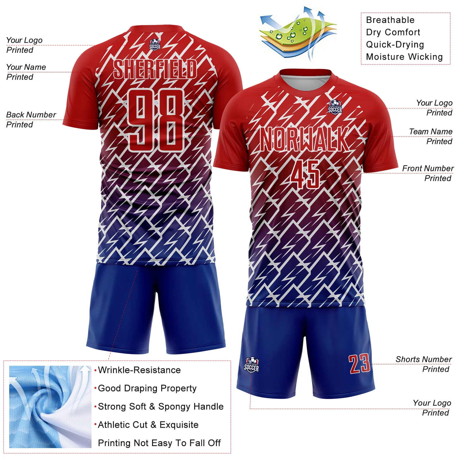 Custom Red Royal-White Lightning Sports Sublimation Soccer Uniform Jersey - Image 4