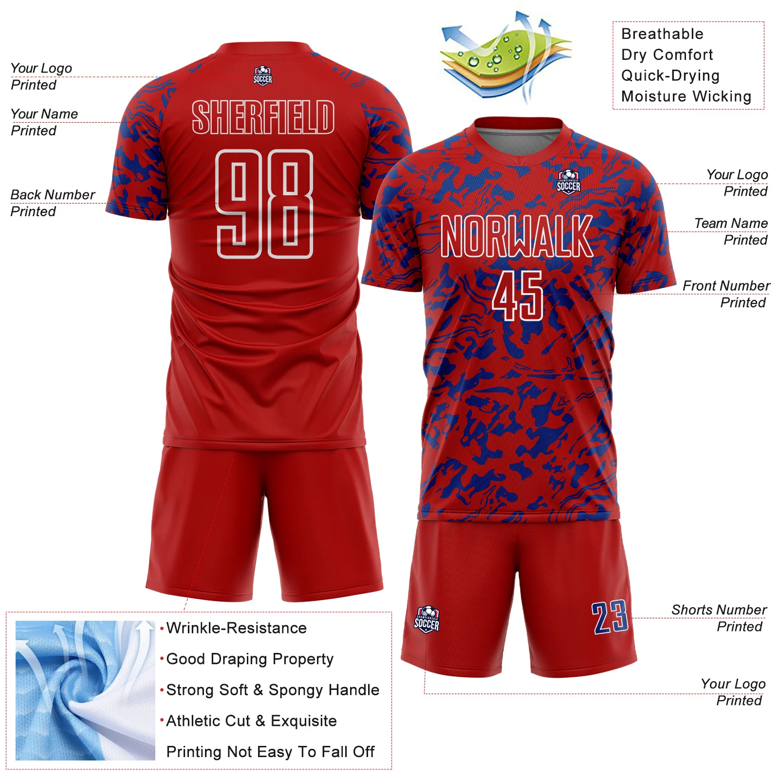 Custom Red Royal-White Liquid Fluid Pattern Sports Sublimation Soccer Uniform Jersey - Image 4