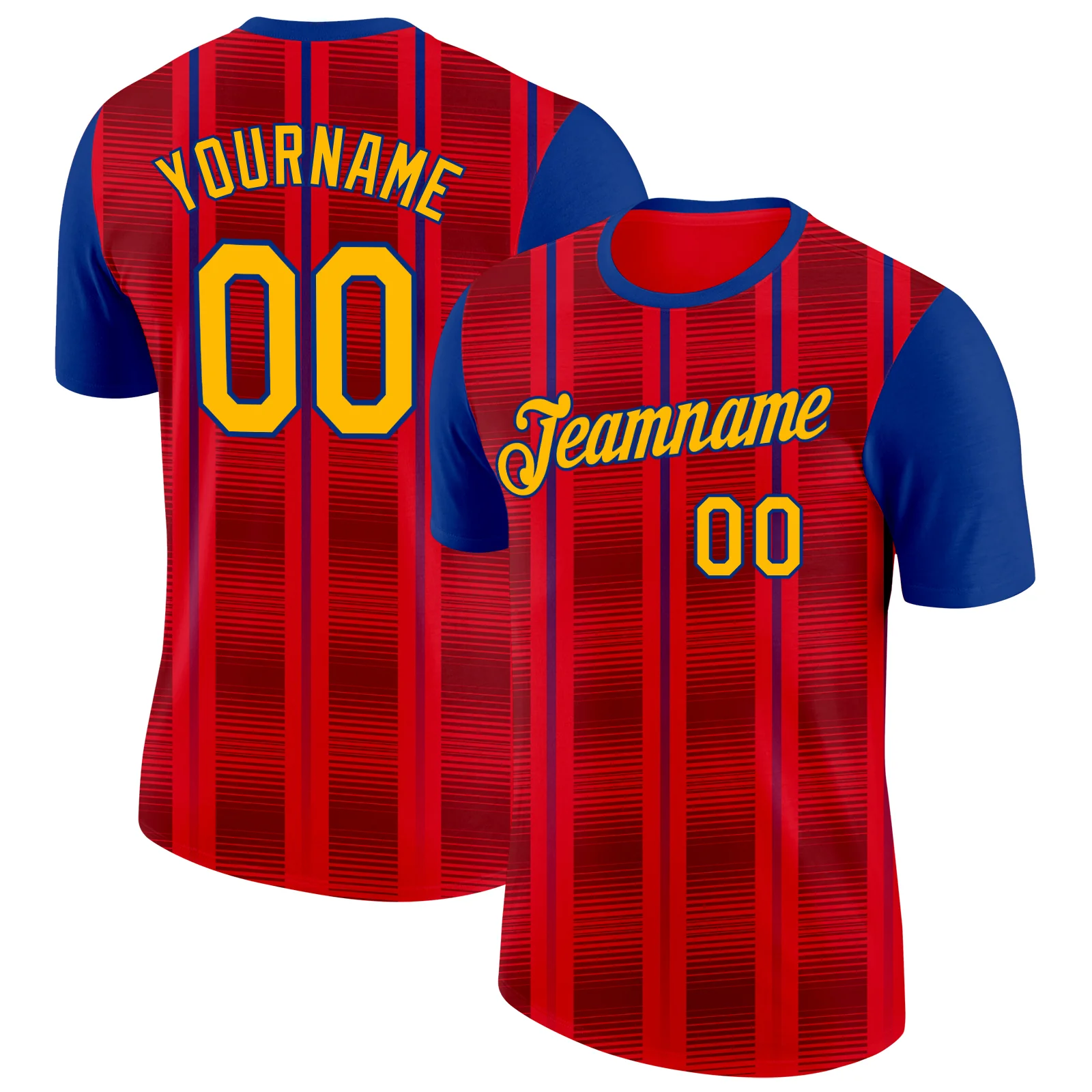 Custom Red Gold-Royal Spain Stripe Soccer Jersey Performance T-Shirt