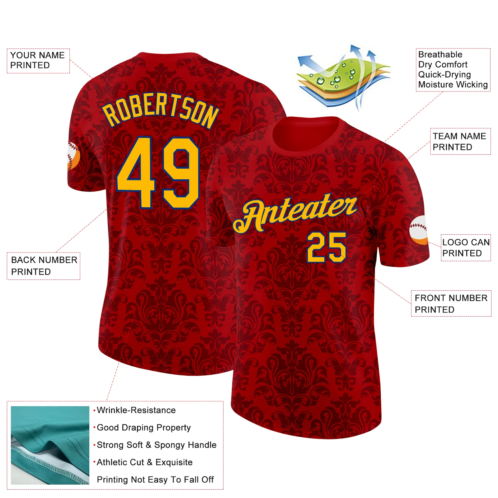 Custom Red Gold-Royal Spain Floral Damask Soccer Jersey Performance T-Shirt - Image 2