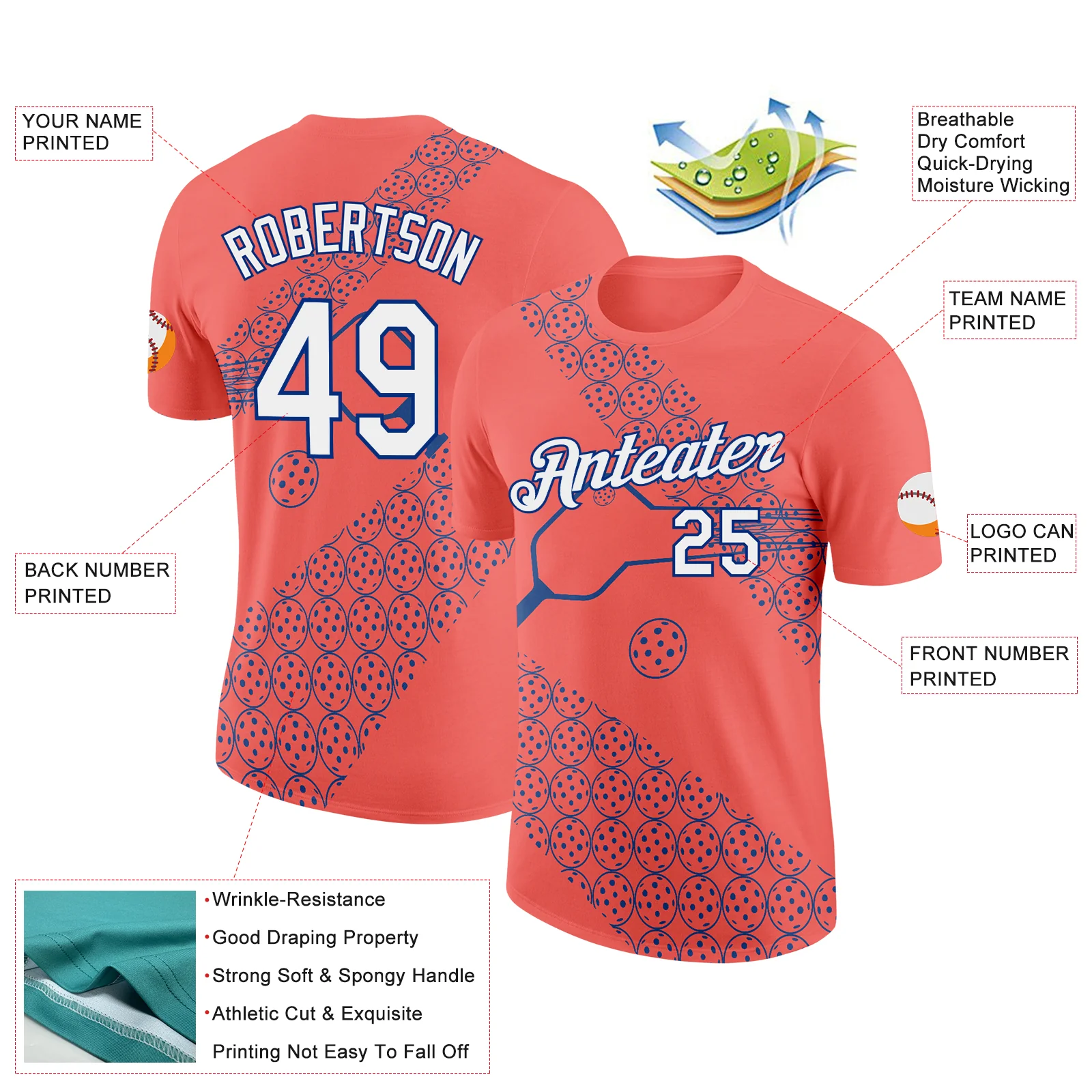 Custom Red White-Royal 3D Pickleball Paddles Balls Performance T-Shirt - Image 2