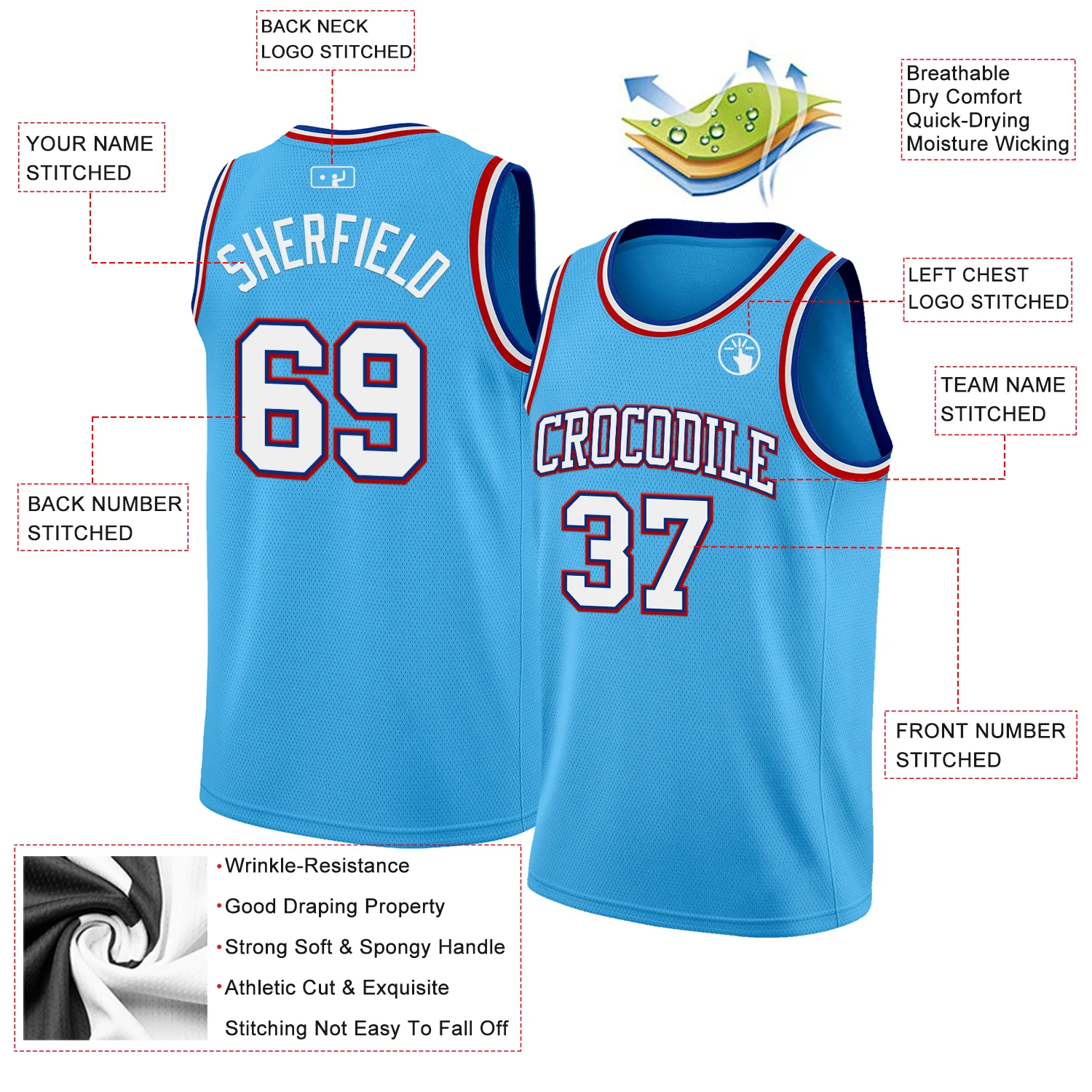 Custom Sky Blue White Royal-Red Authentic Basketball Jersey - Image 2