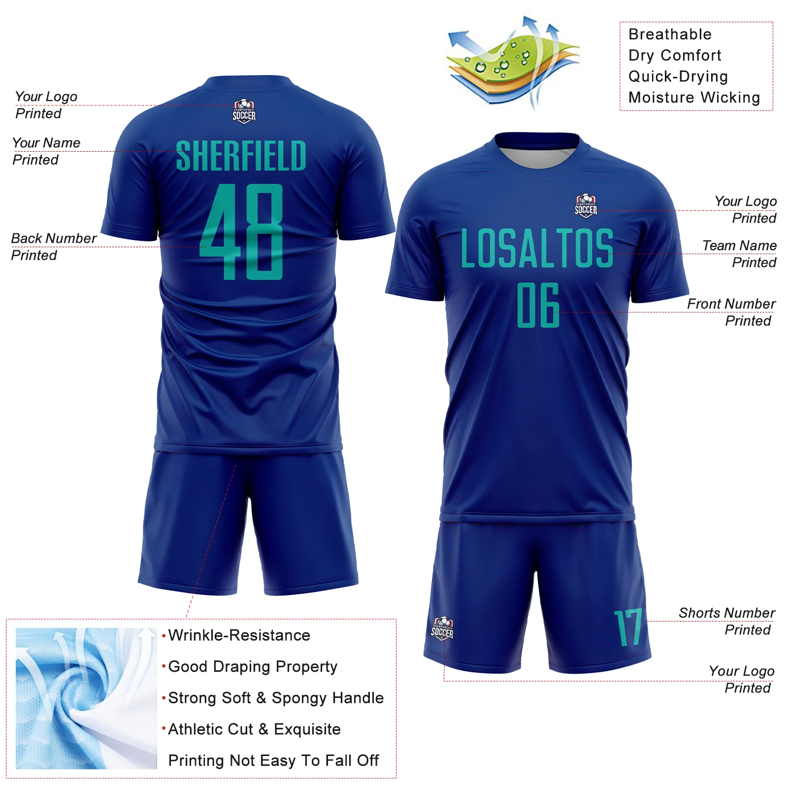 Custom Royal Aqua Sublimation Soccer Uniform Jersey - Image 4