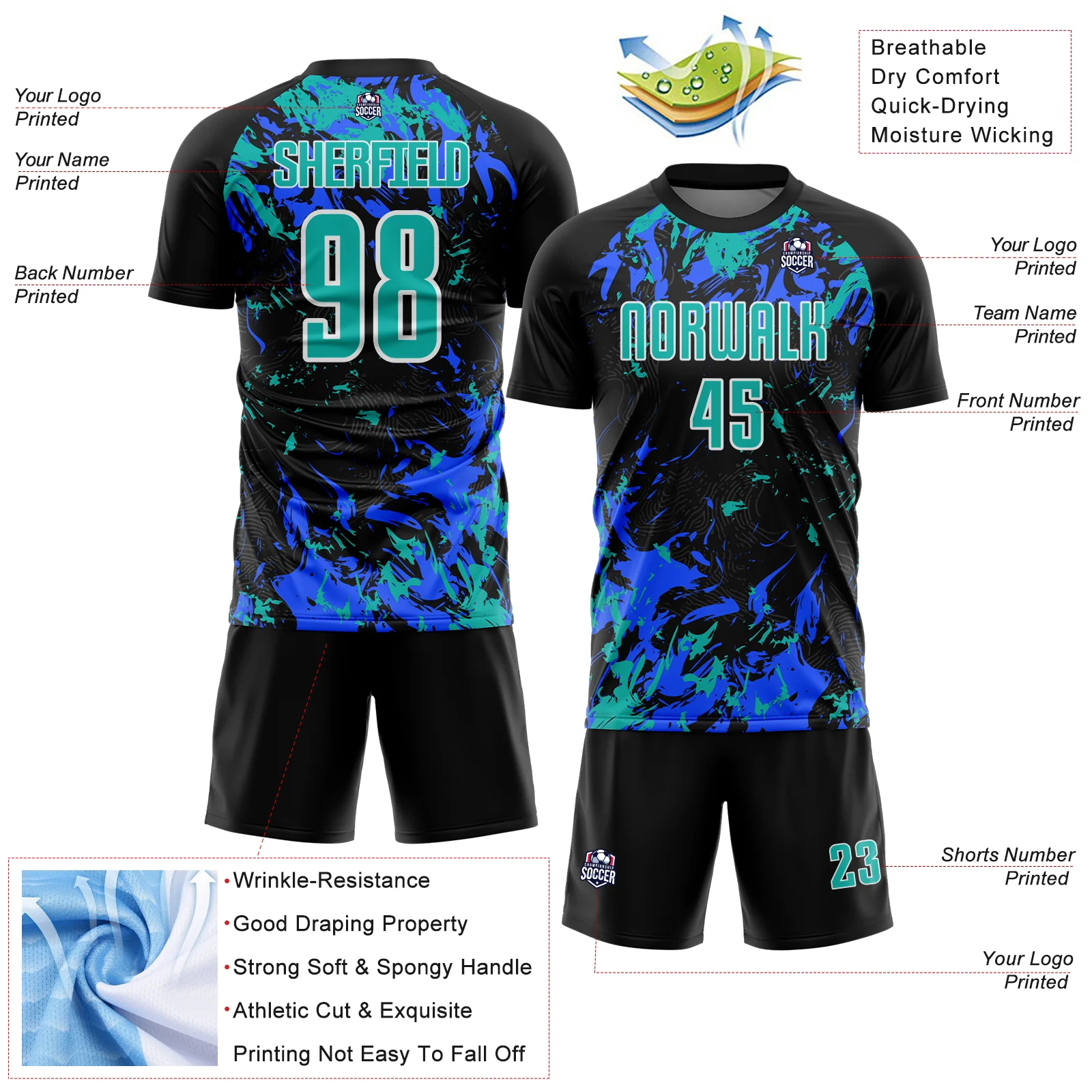 Custom Black Aqua Royal-White Fluid Art Splash Sublimation Soccer Uniform Jersey - Image 4