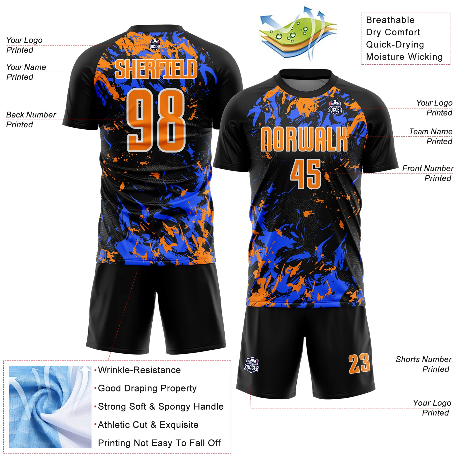 Custom Black Bay Orange Royal-White Fluid Art Splash Sublimation Soccer Uniform Jersey - Image 4