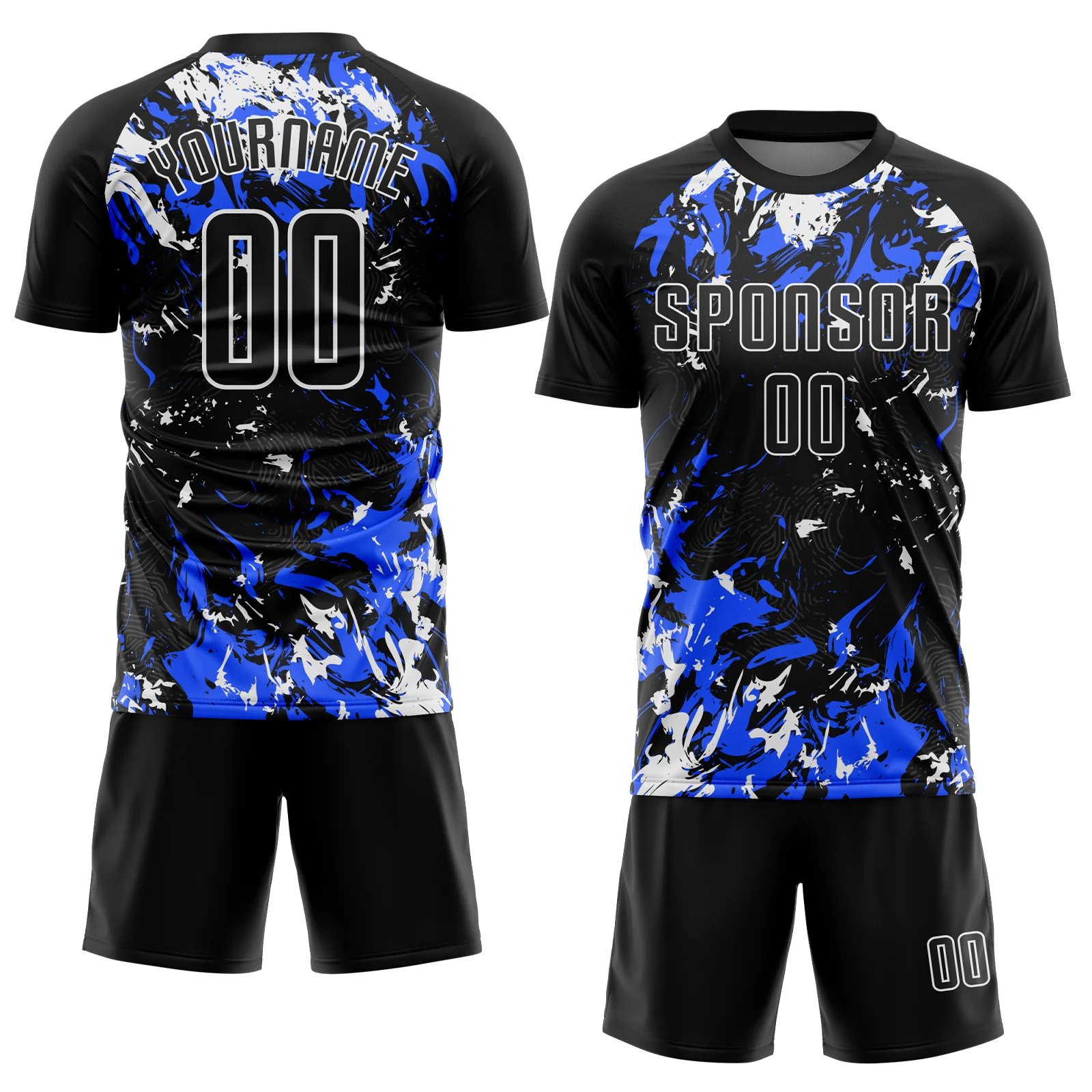 Custom Black Royal-White Fluid Art Splash Sublimation Soccer Uniform Jersey - Image 2