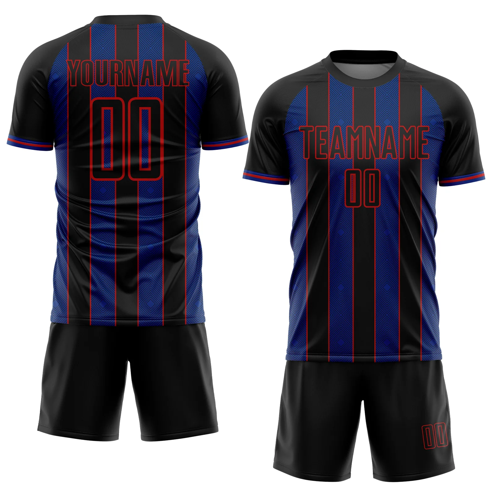 Custom Black Royal-Red Pinstripe Line Sports Sublimation Soccer Uniform Jersey - Image 2