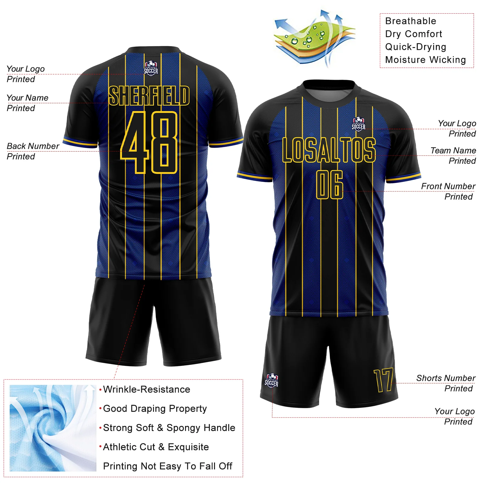Custom Black Royal-Yellow Pinstripe Line Sports Sublimation Soccer Uniform Jersey - Image 4