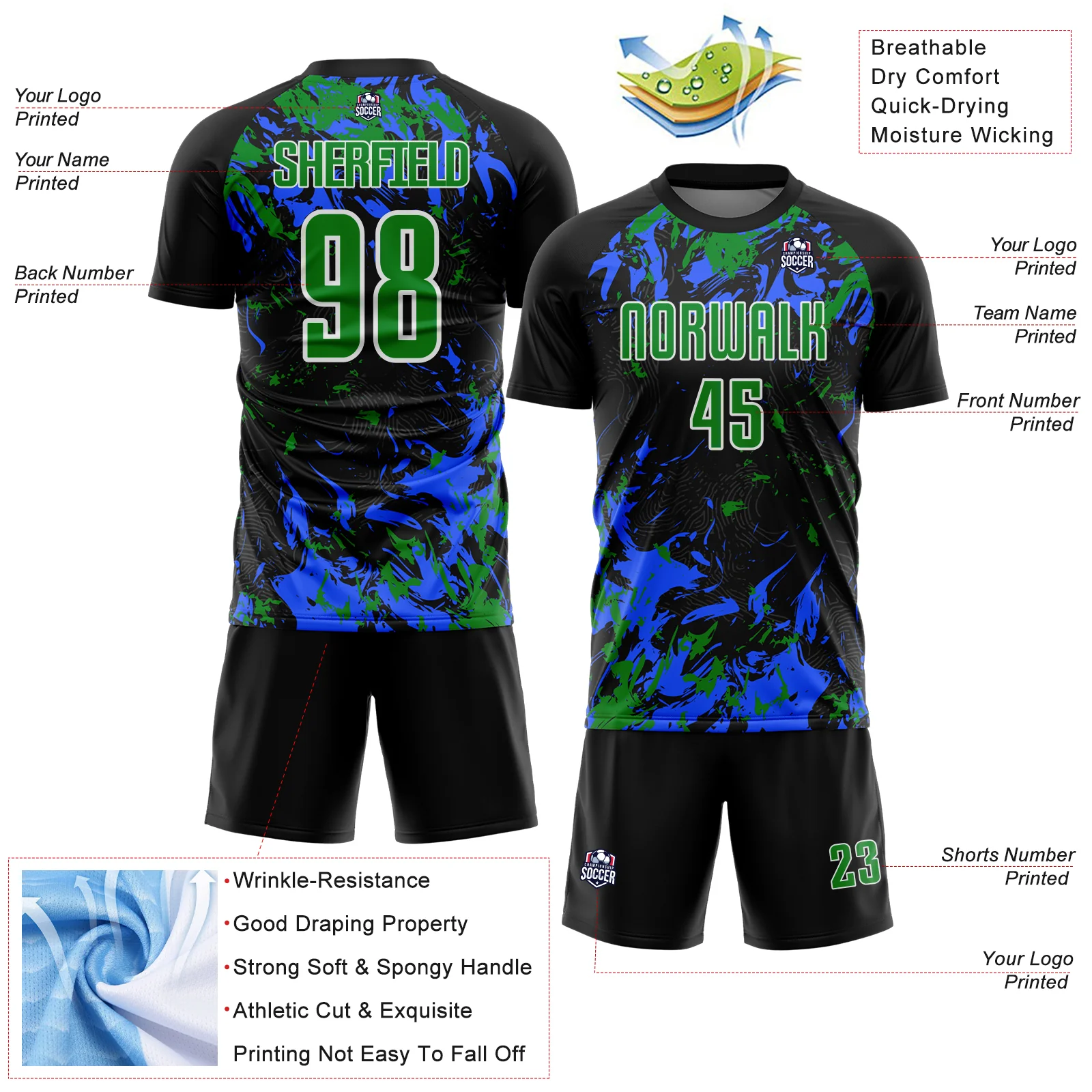 Custom Black Grass Green Royal-White Fluid Art Splash Sublimation Soccer Uniform Jersey - Image 4