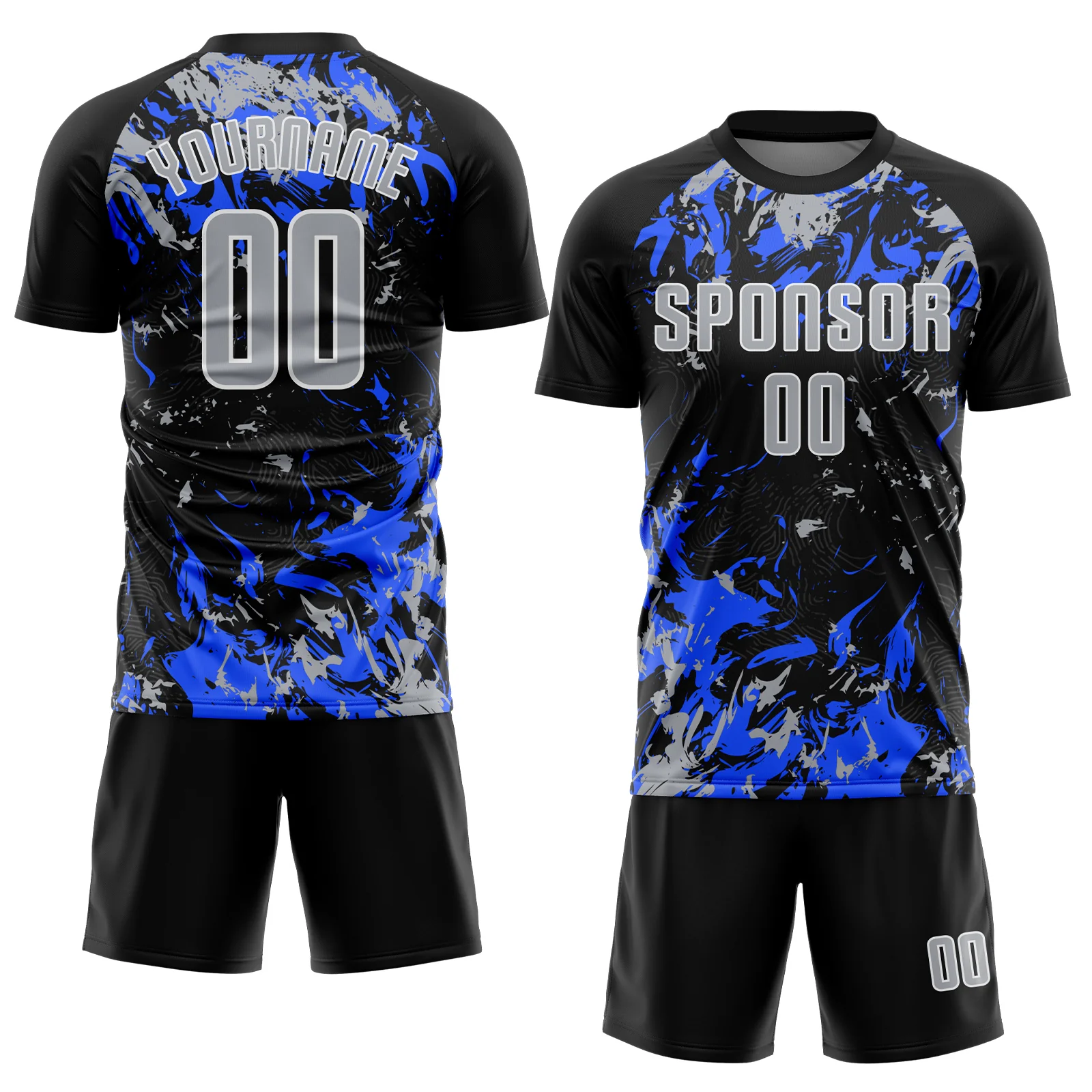 Custom Black Gray Royal-White Fluid Art Splash Sublimation Soccer Uniform Jersey - Image 2