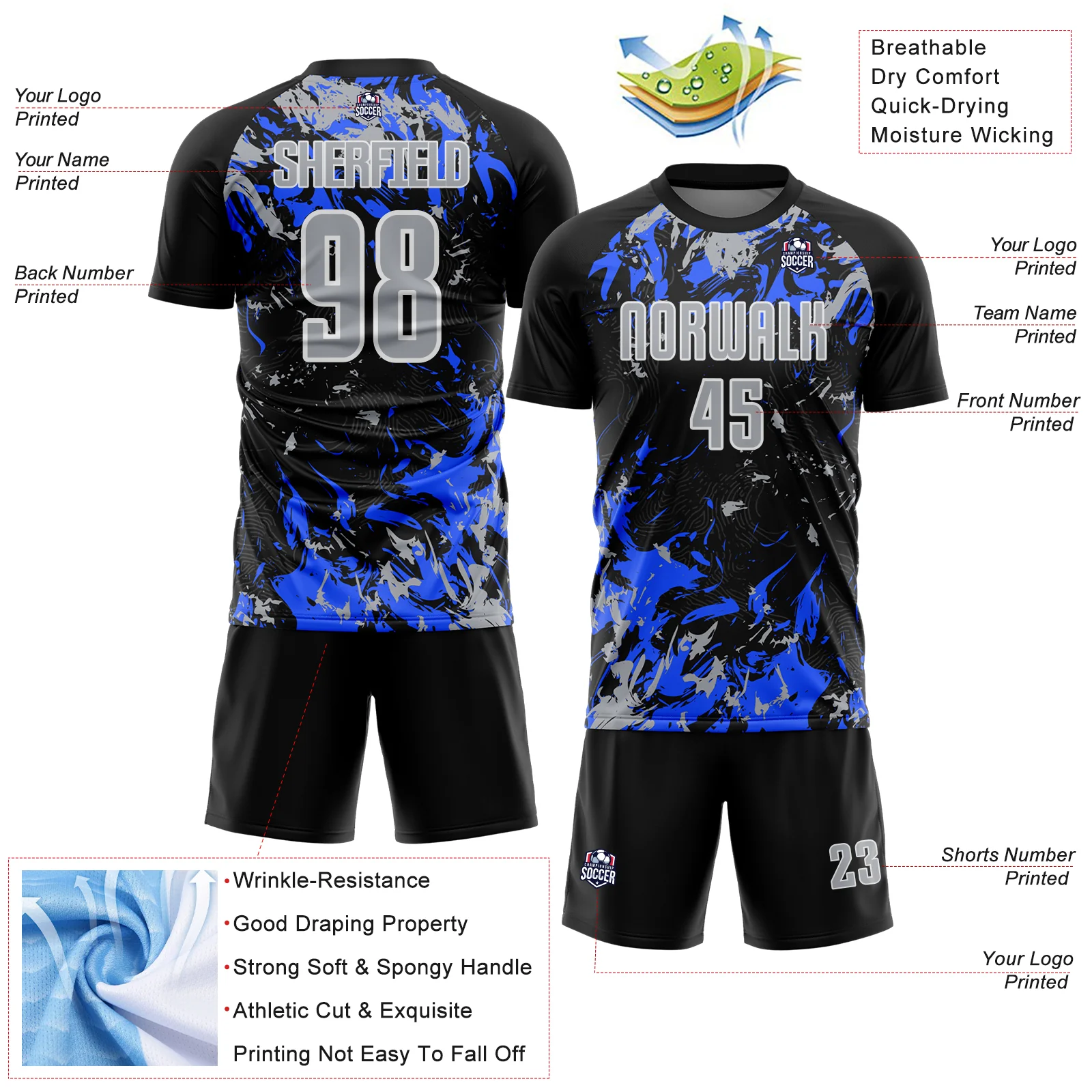 Custom Black Gray Royal-White Fluid Art Splash Sublimation Soccer Uniform Jersey - Image 4