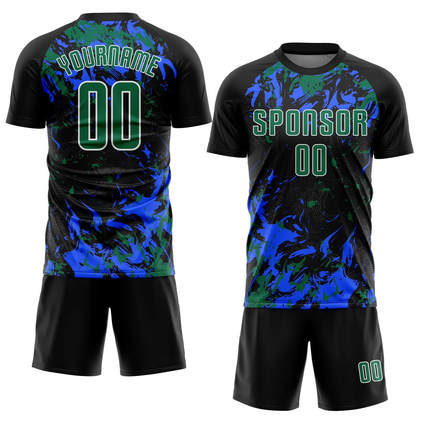 Custom Black Kelly Green Royal-White Fluid Art Splash Sublimation Soccer Uniform Jersey - Image 2
