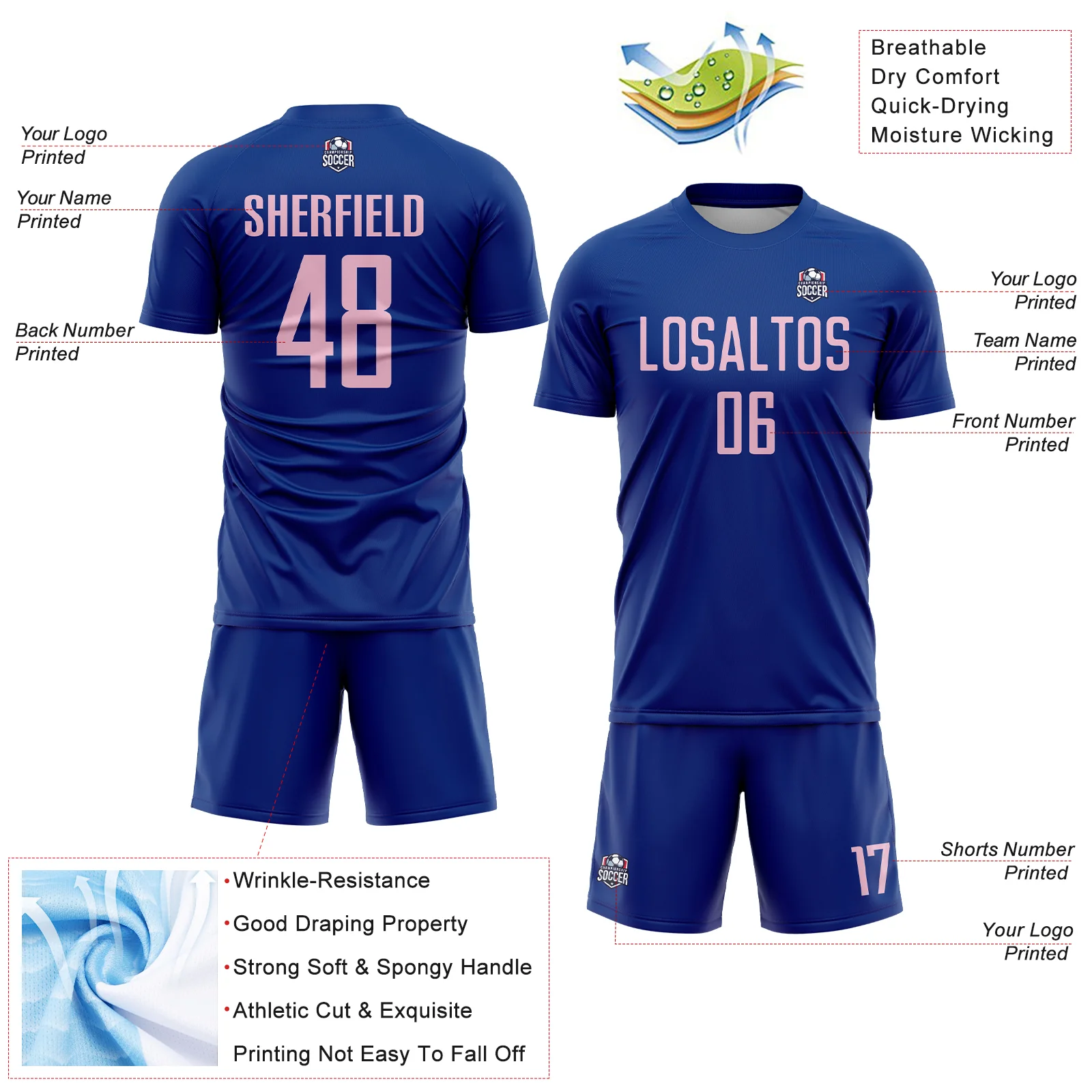 Custom Royal Light Pink Sublimation Soccer Uniform Jersey - Image 4