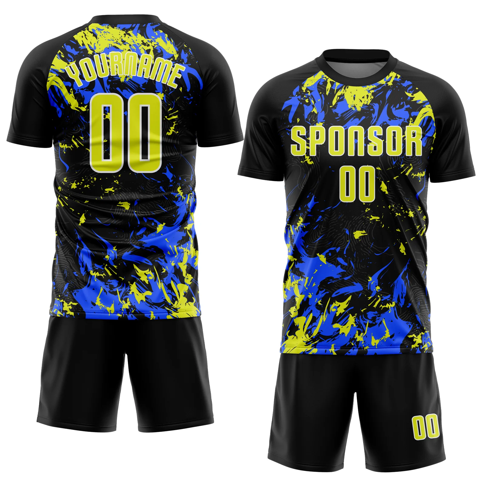 Custom Black Neon Yellow Royal-White Fluid Art Splash Sublimation Soccer Uniform Jersey - Image 2