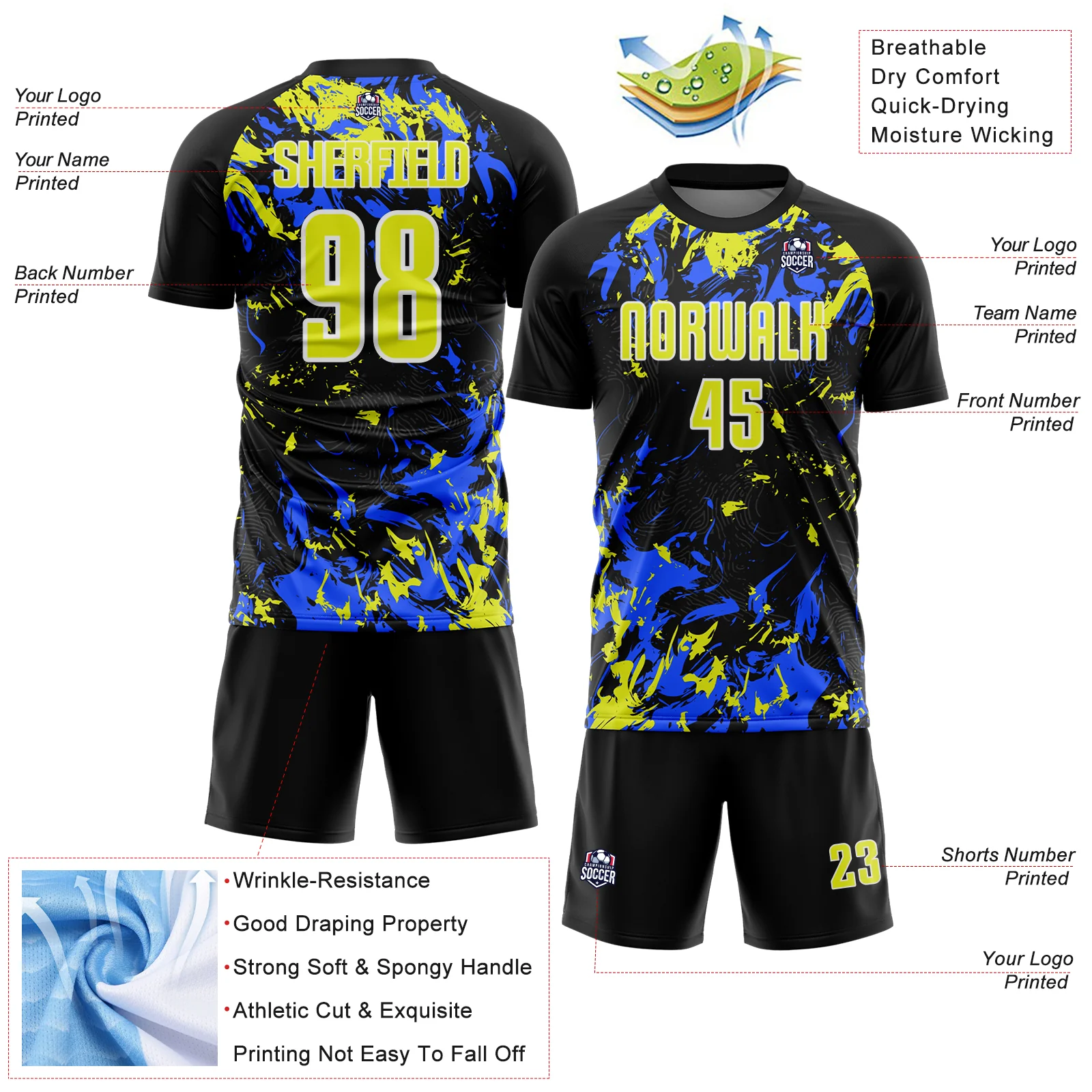 Custom Black Neon Yellow Royal-White Fluid Art Splash Sublimation Soccer Uniform Jersey - Image 4