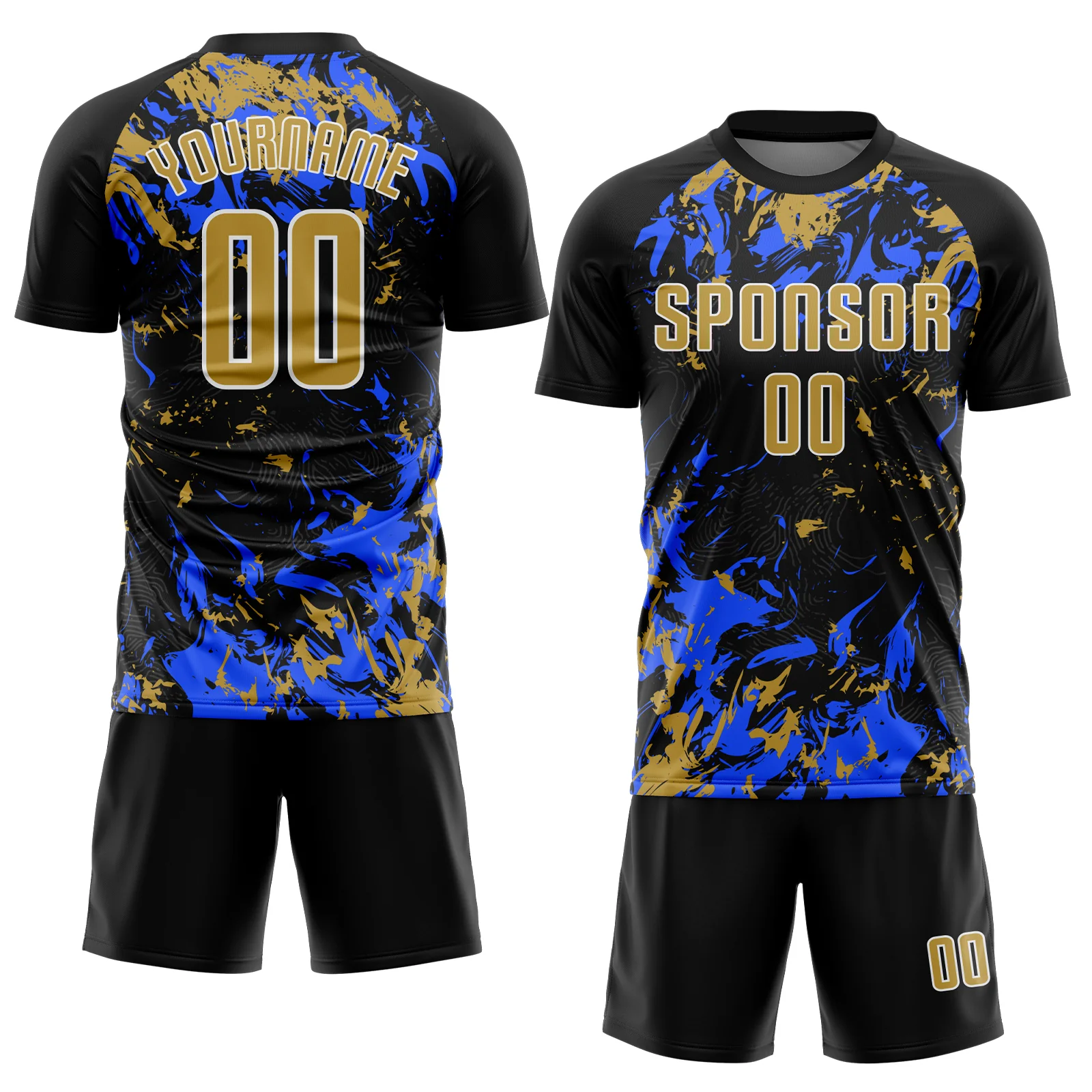 Custom Black Old Gold Royal-White Fluid Art Splash Sublimation Soccer Uniform Jersey - Image 2