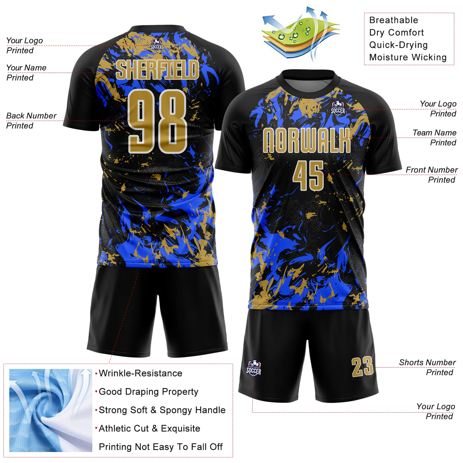 Custom Black Old Gold Royal-White Fluid Art Splash Sublimation Soccer Uniform Jersey - Image 4