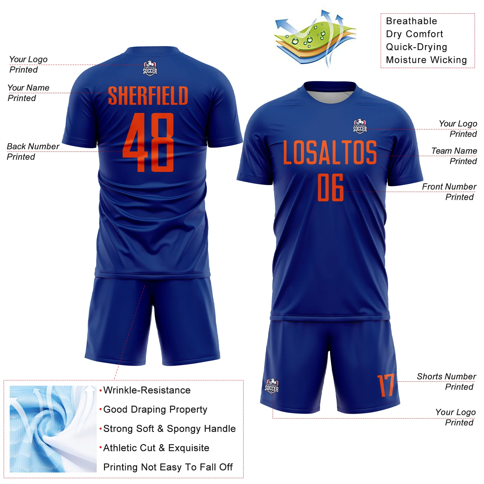 Custom Royal Orange Sublimation Soccer Uniform Jersey - Image 4