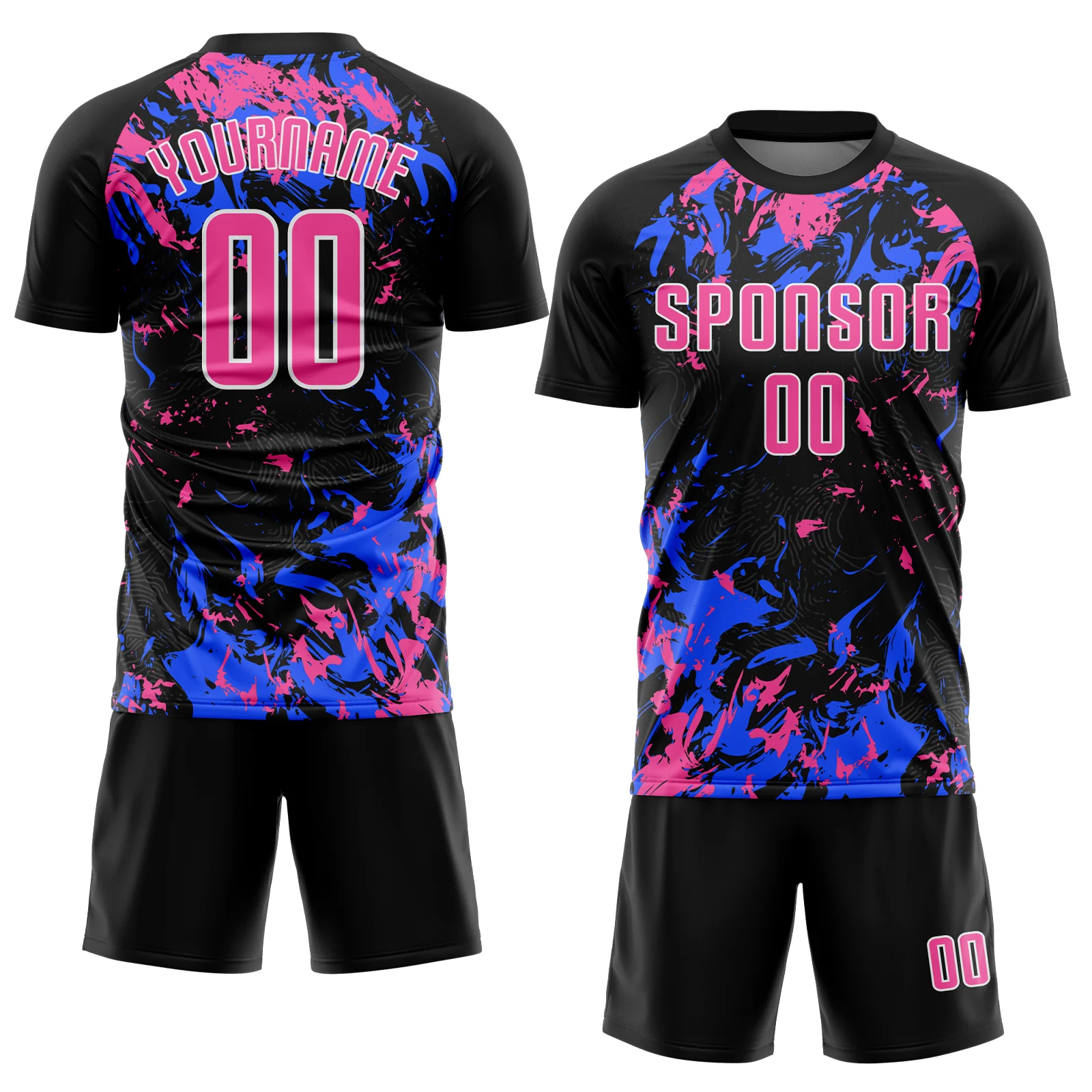 Custom Black Pink Royal-White Fluid Art Splash Sublimation Soccer Uniform Jersey - Image 2
