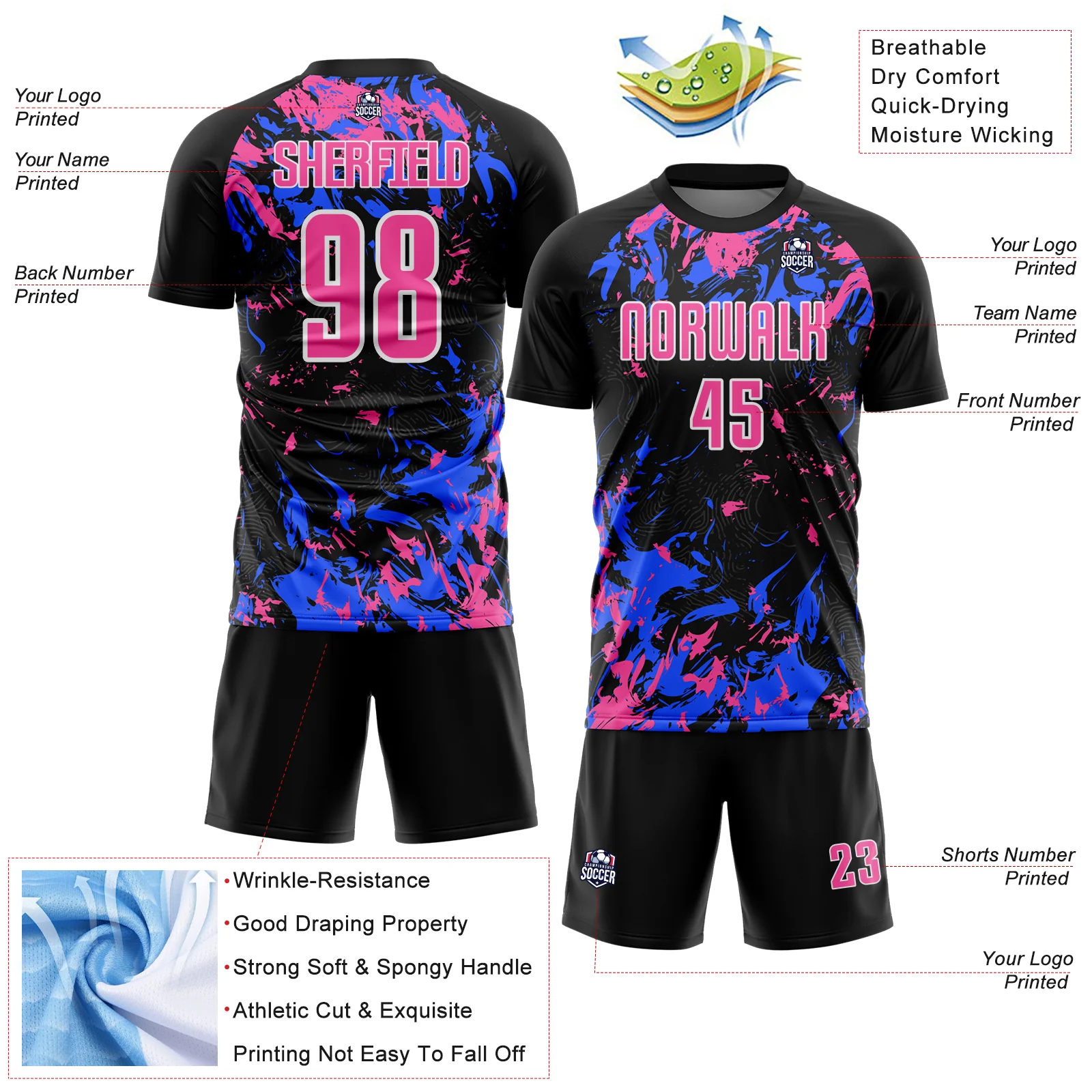Custom Black Pink Royal-White Fluid Art Splash Sublimation Soccer Uniform Jersey - Image 4