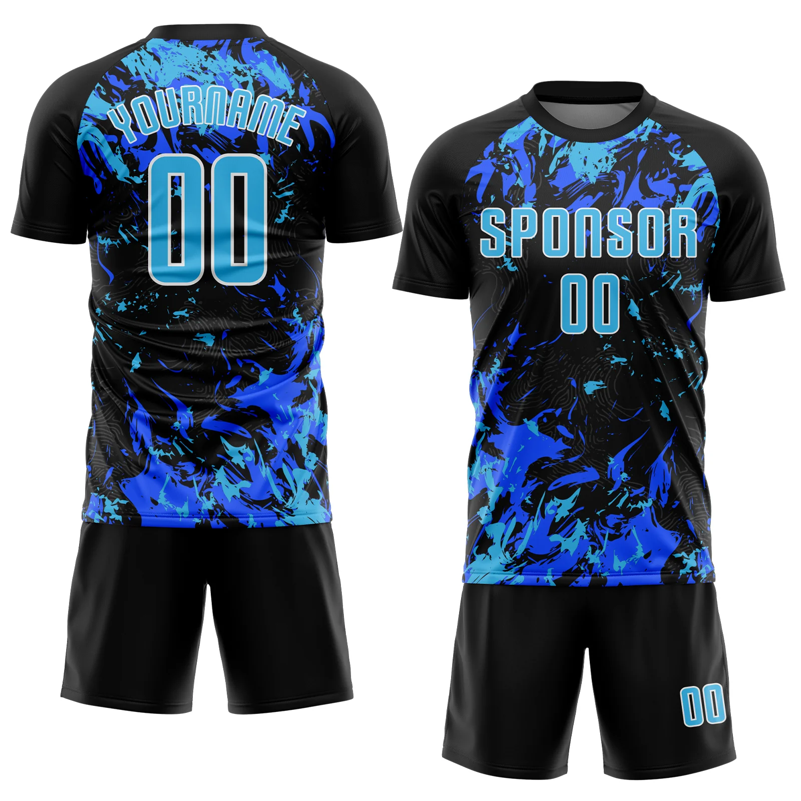Custom Black Sky Blue Royal-White Fluid Art Splash Sublimation Soccer Uniform Jersey - Image 2