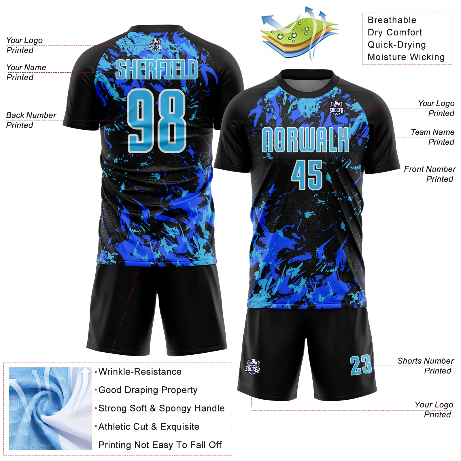 Custom Black Sky Blue Royal-White Fluid Art Splash Sublimation Soccer Uniform Jersey - Image 4